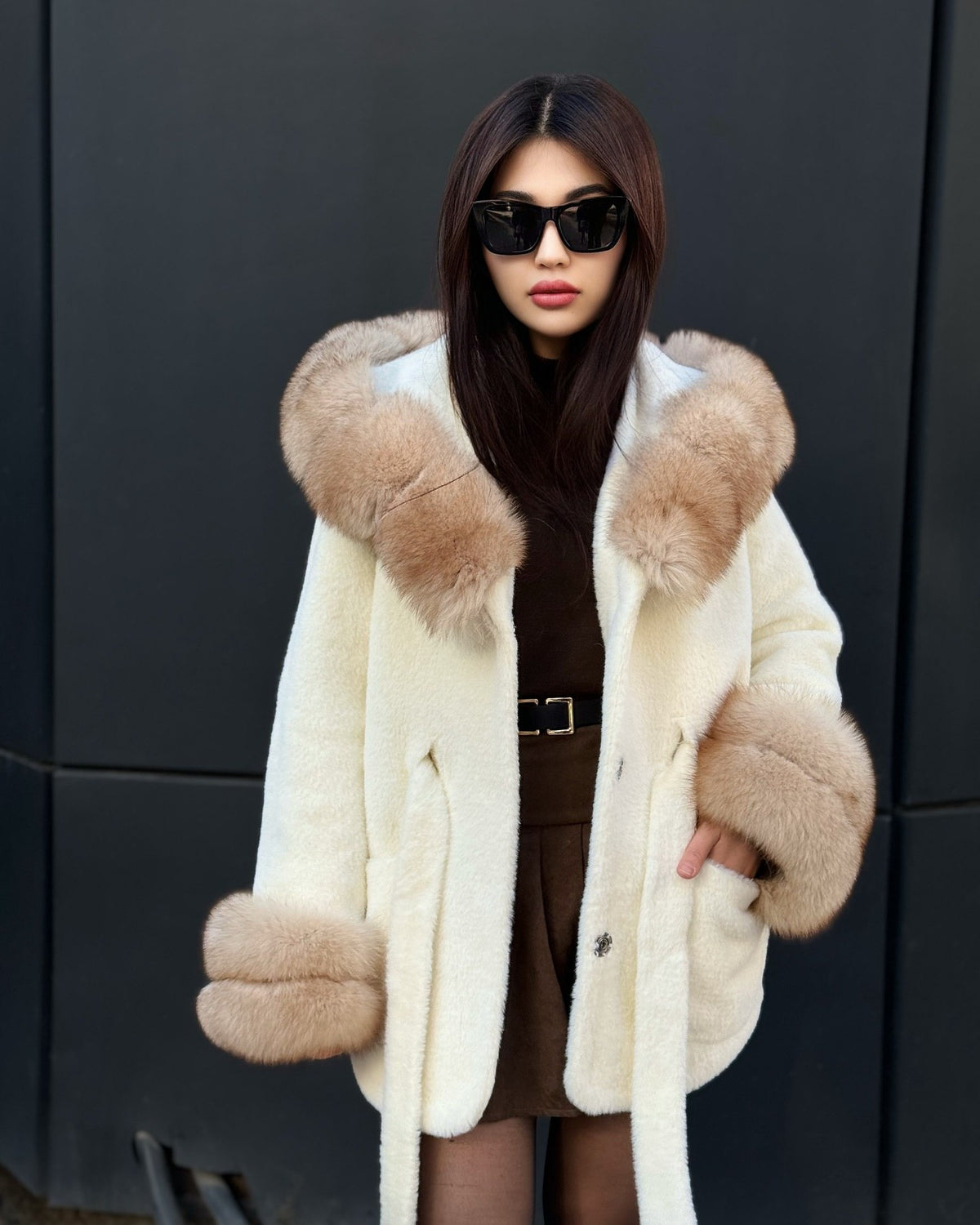 Hooded Beige Alcantara Cape With Genuine Fox Fur Trim