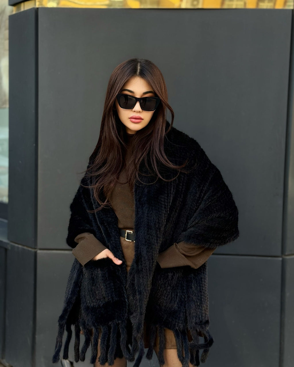 Women’s Black Luxury Mink Fur Shawl with Pocket & Fur Fringe