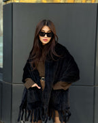 Women’s Black Luxury Mink Fur Shawl with Pocket & Fur Fringe