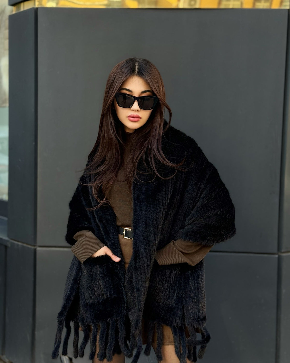 Women’s Black Luxury Mink Fur Shawl with Pocket & Fur Fringe