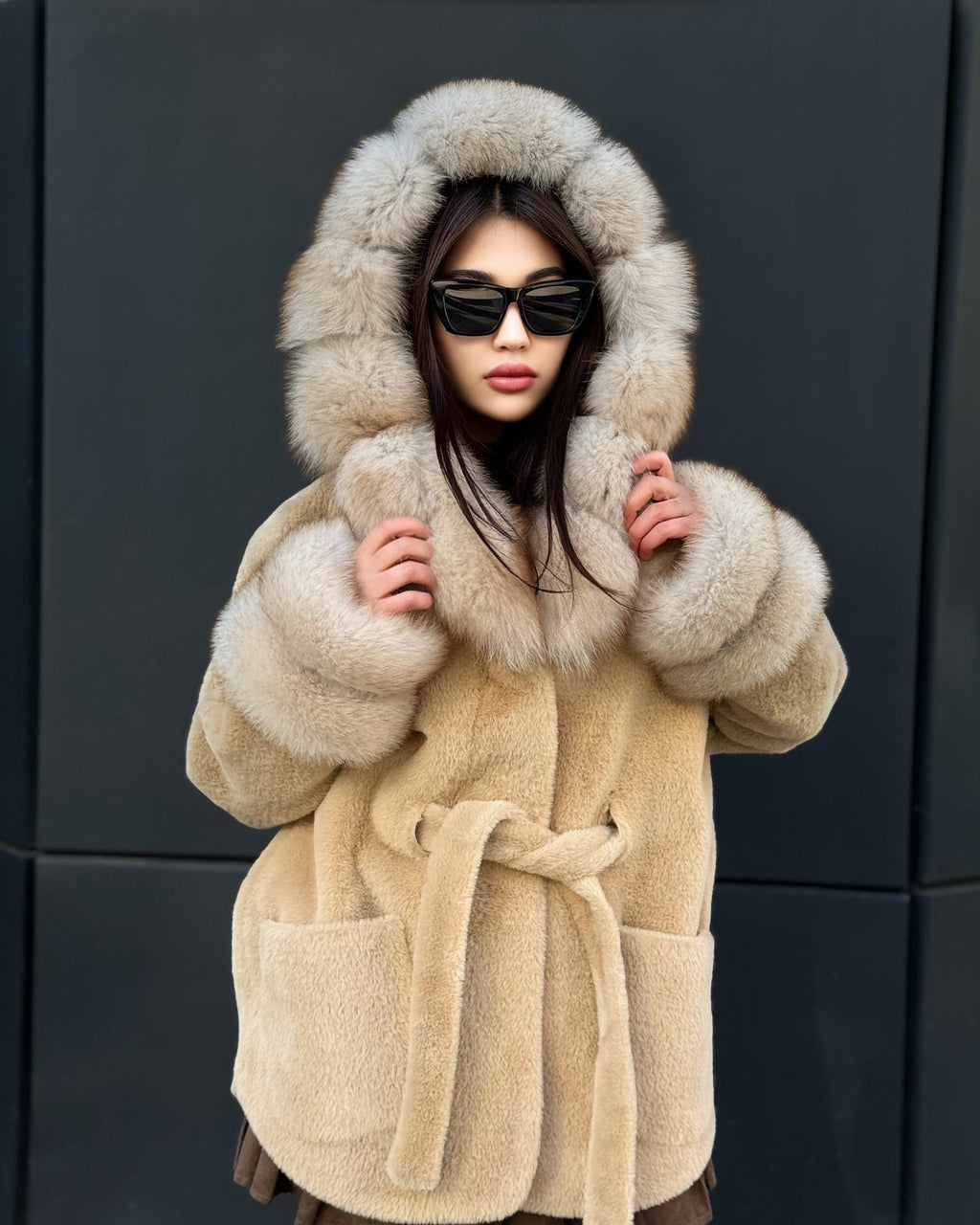 Camel Hooded Alcantara Cape With Genuine Fox Fur Trim