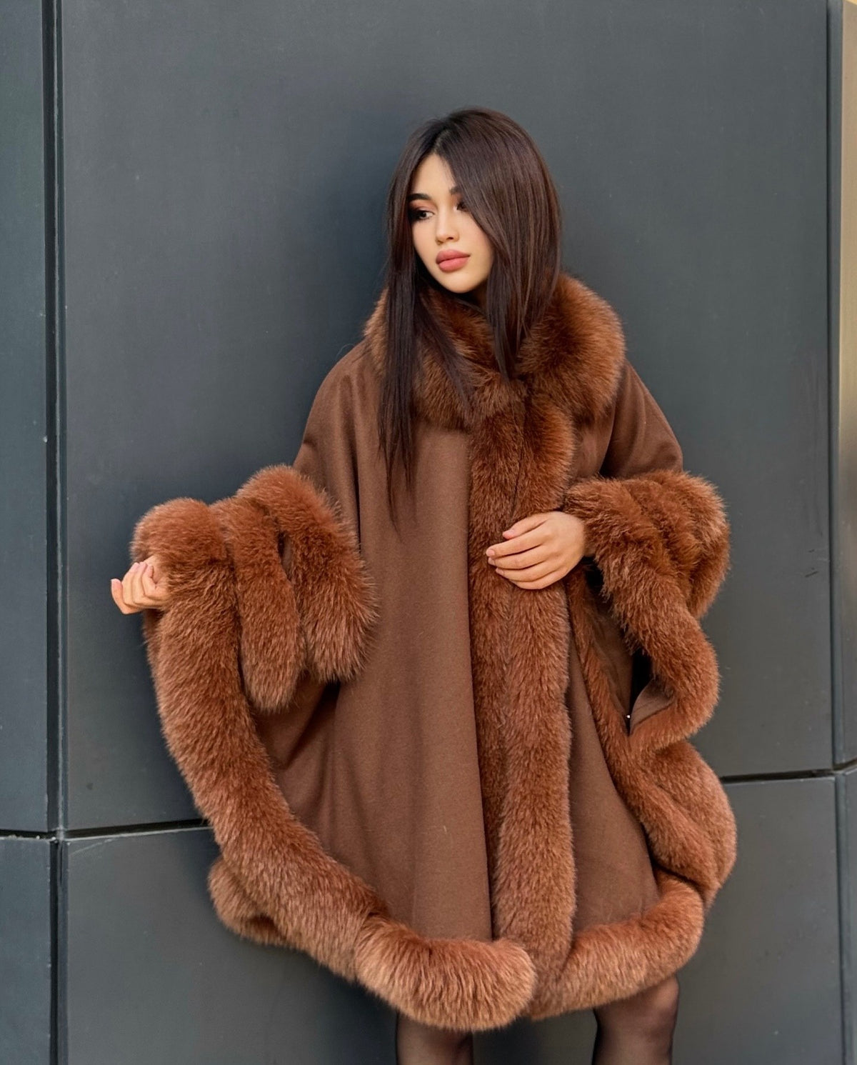 Women’s Brown Cashmere Cape With Genuine Fox Fur Trim