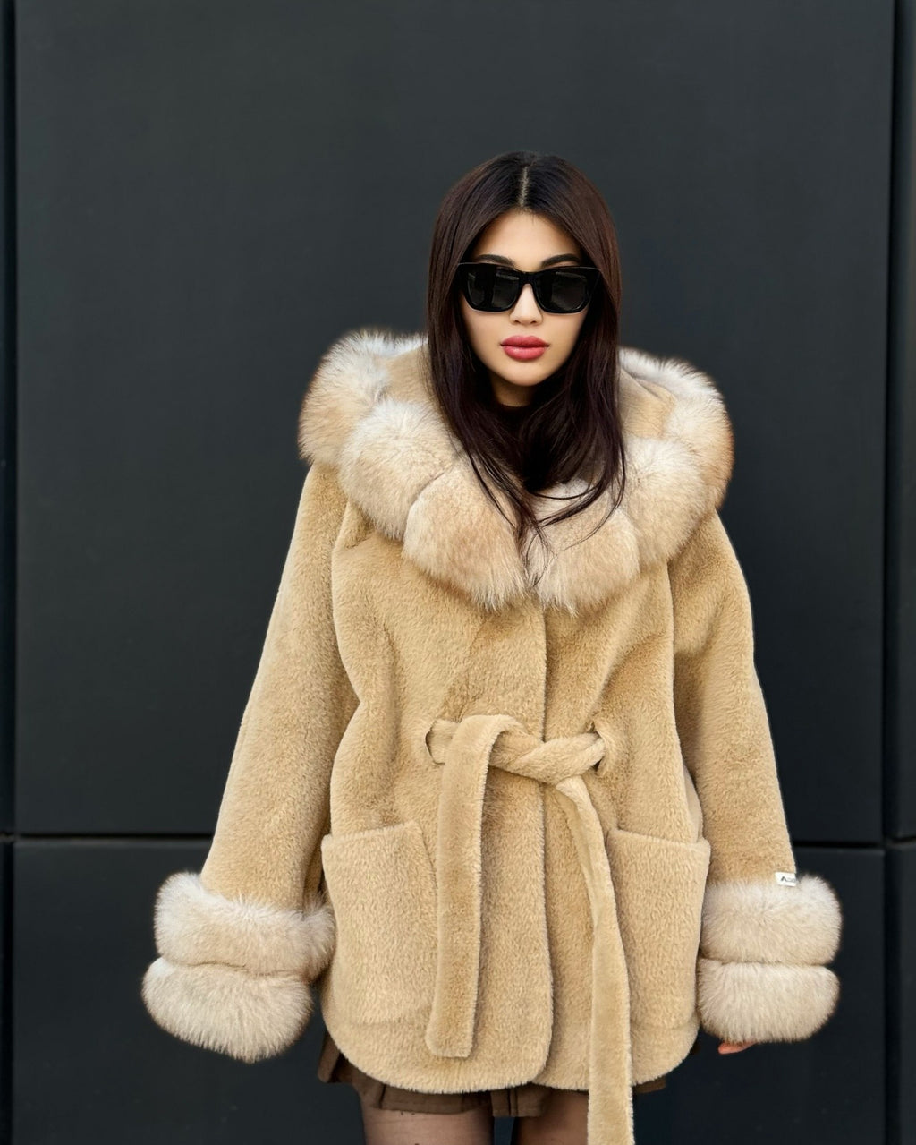 Camel Hooded Alcantara Cape With Genuine Fox Fur Trim