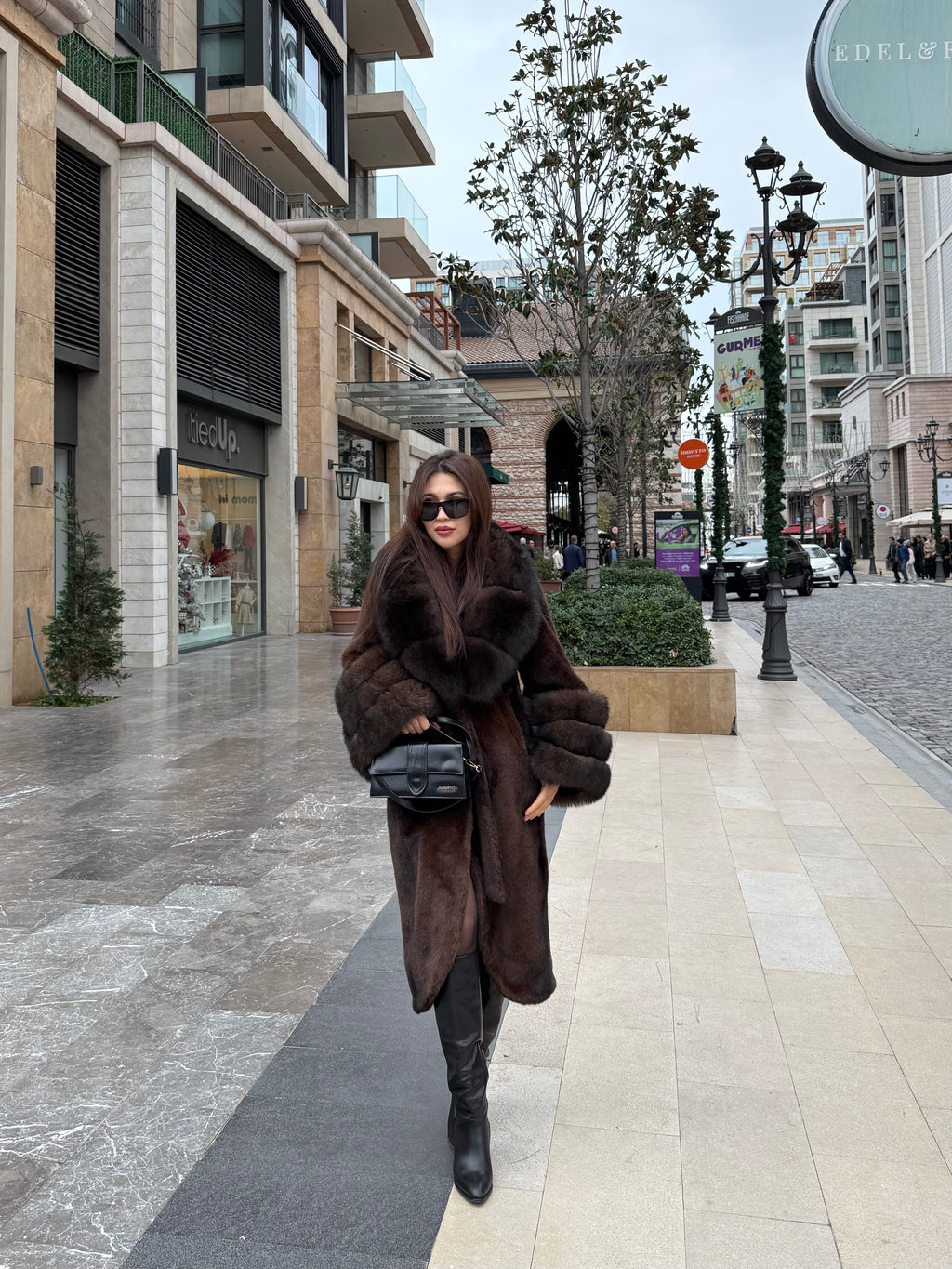 Brown Long Faux Mink Fur Coat with Genuine Fox Fur Trim