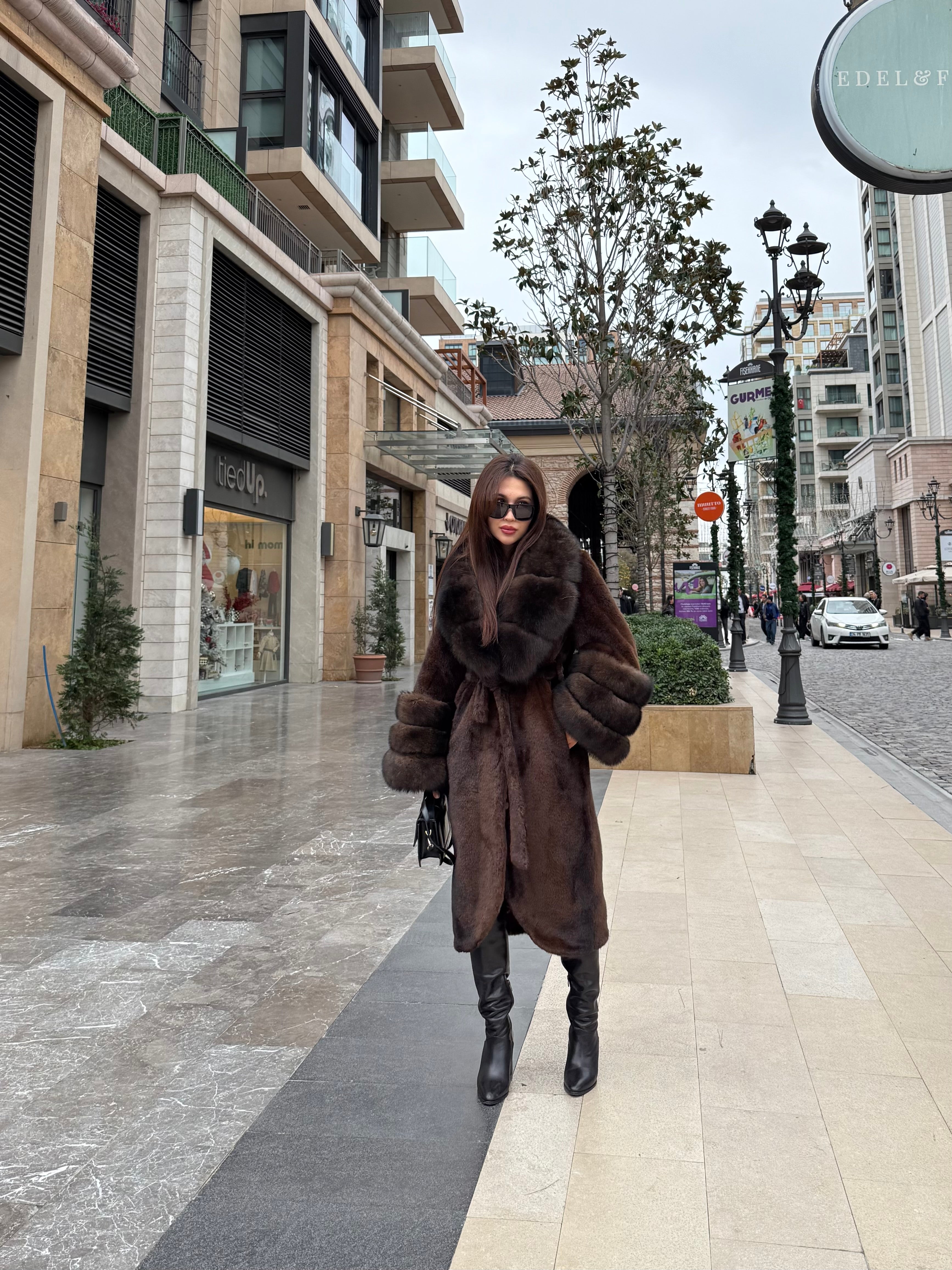Brown Long Faux Mink Fur Coat with Genuine Fox Fur Trim