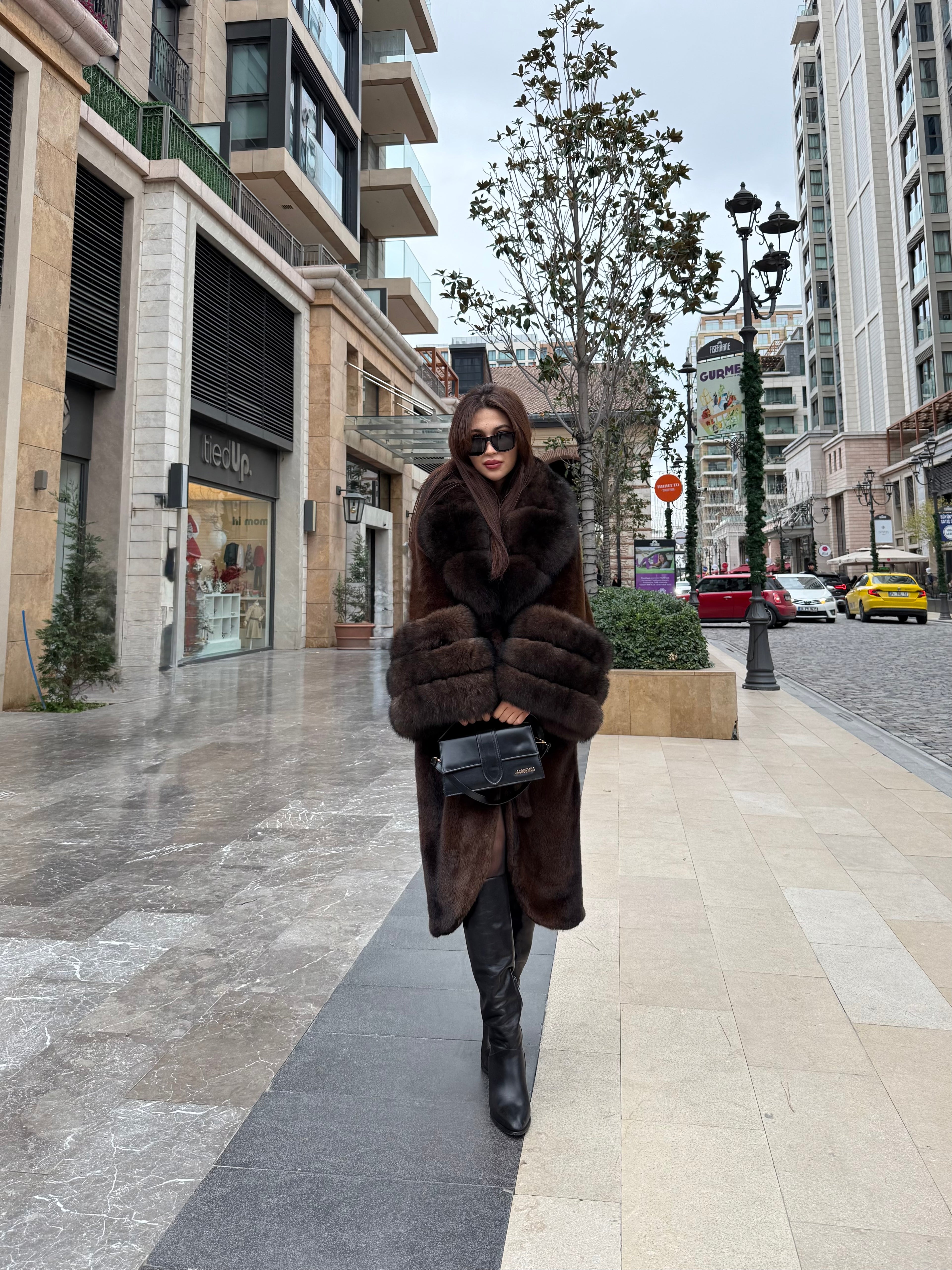 Brown Long Faux Mink Fur Coat with Genuine Fox Fur Trim
