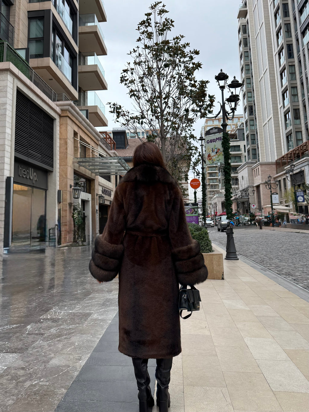 Brown Long Faux Mink Fur Coat with Genuine Fox Fur Trim