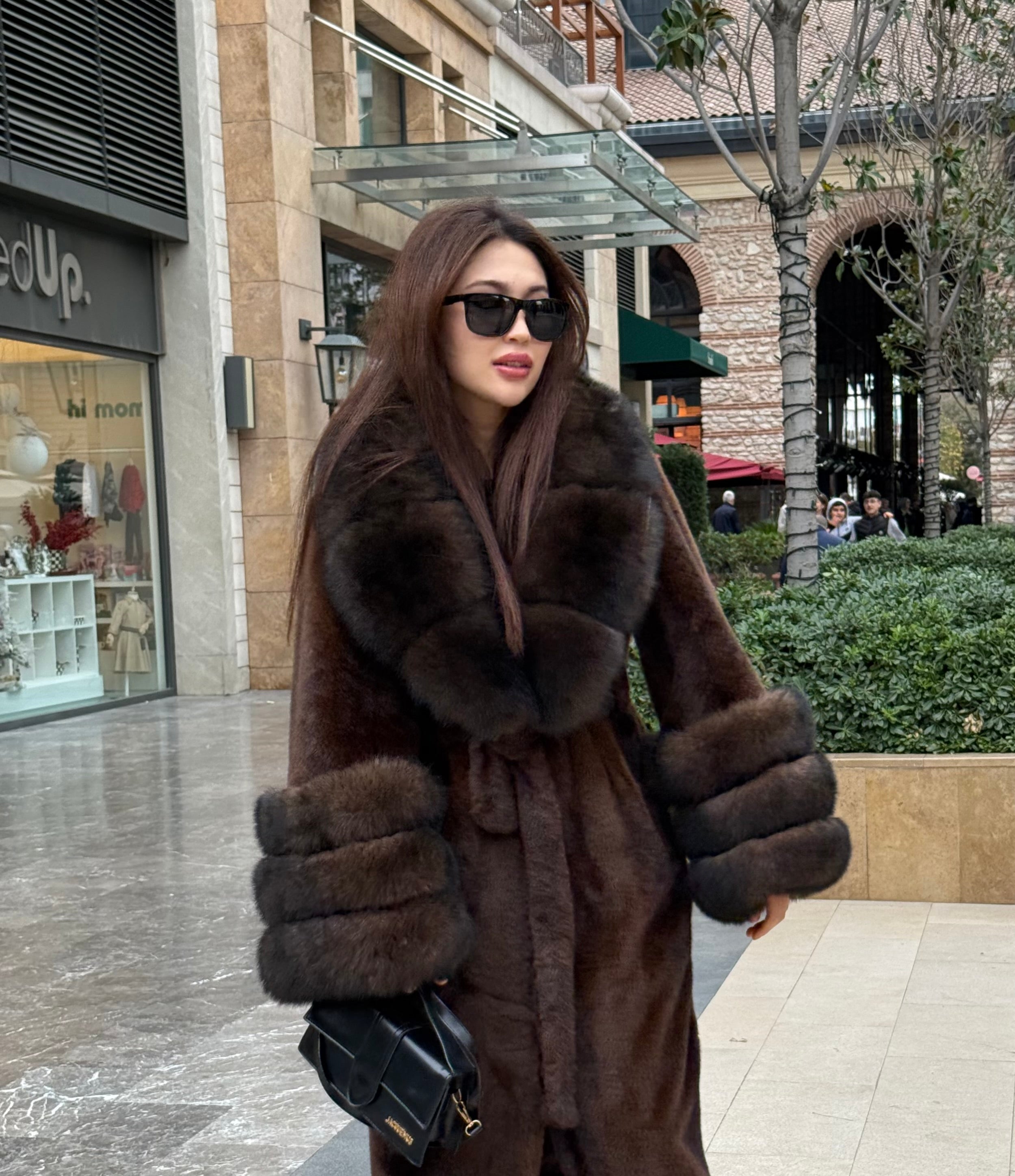 Brown Long Faux Mink Fur Coat with Genuine Fox Fur Trim