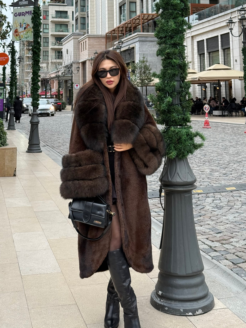 Brown Long Faux Mink Fur Coat with Genuine Fox Fur Trim