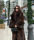 Brown Long Faux Mink Fur Coat with Genuine Fox Fur Trim