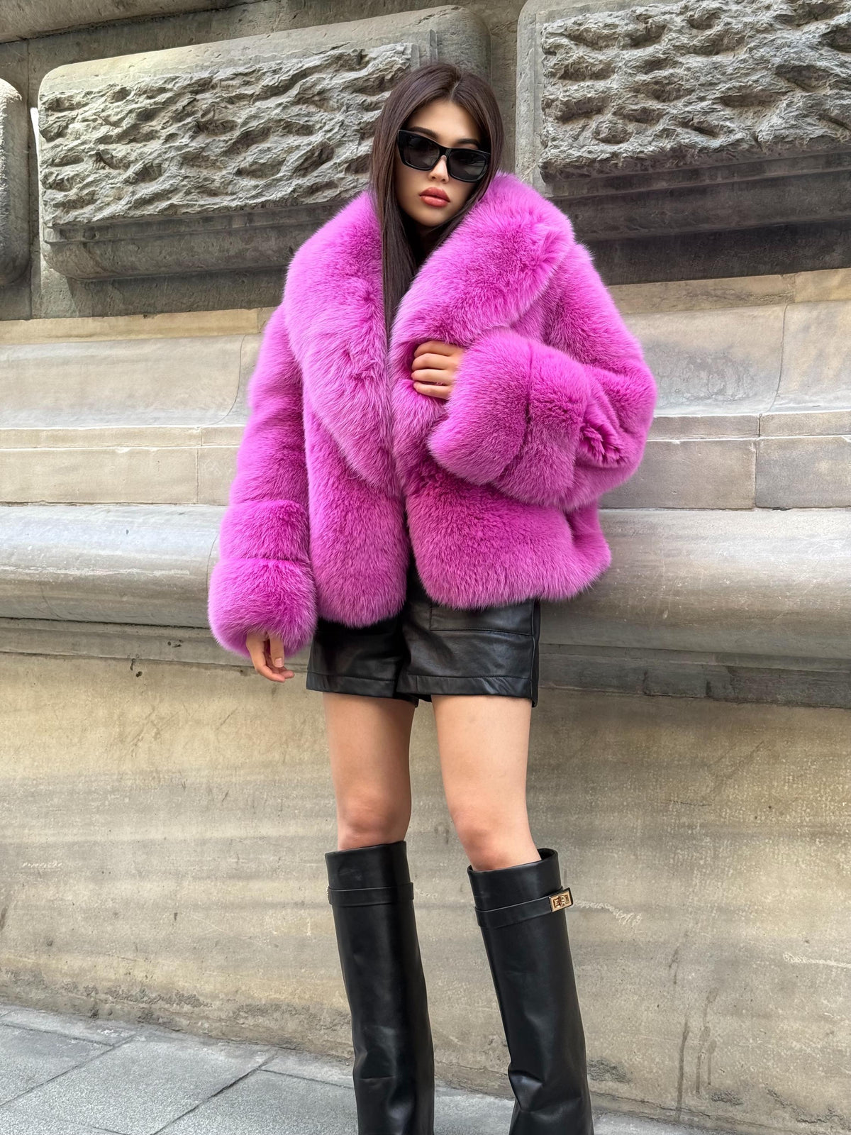 Pink Fox Fur Jacket, Handmade Women’s Short Fur Coat
