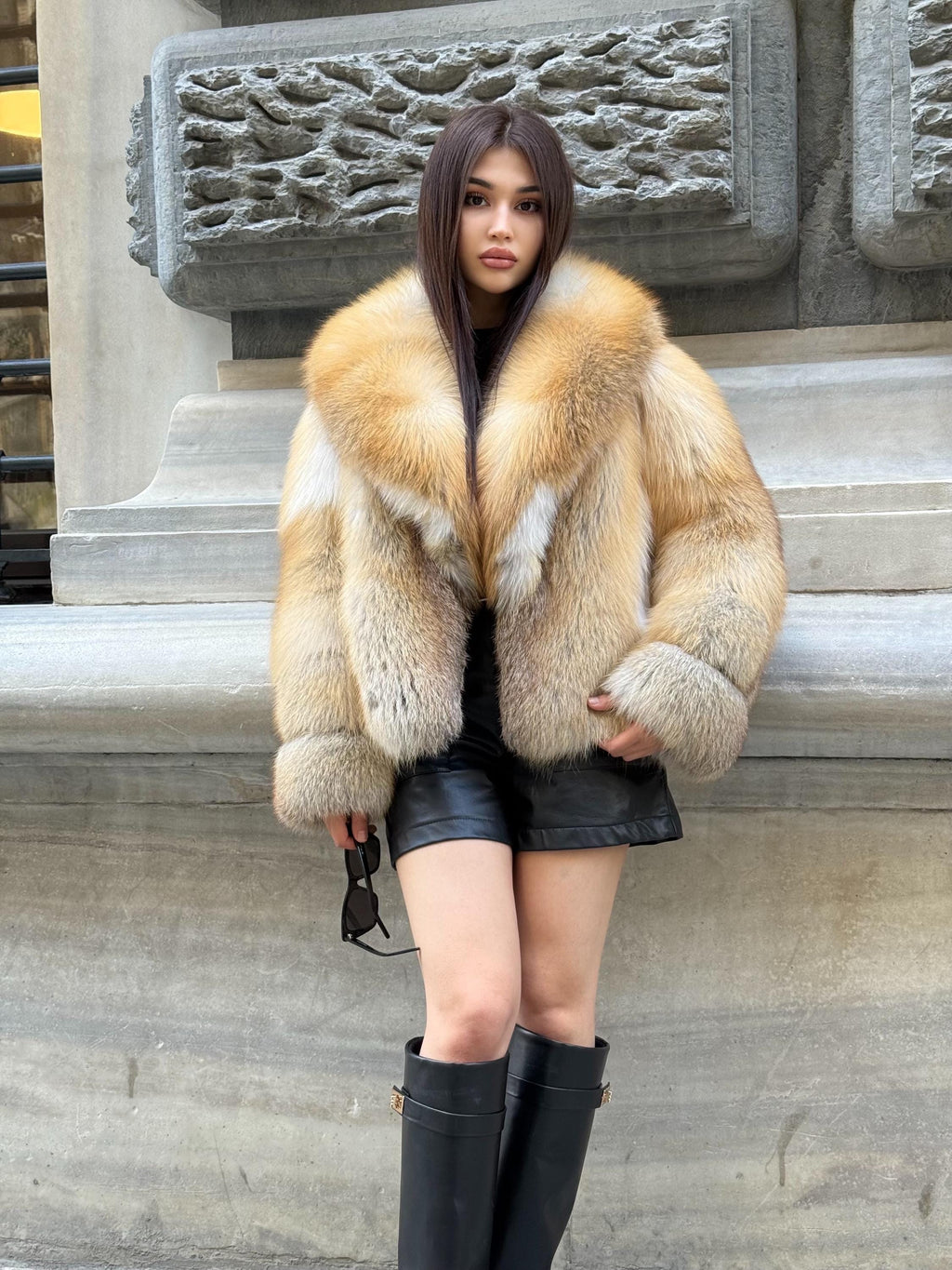 Women’s Gold Fox Fur Jacket, Luxury Short Golden Fur Coat