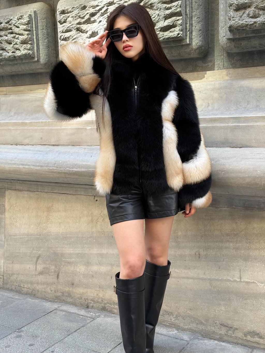 Black - Beige Fox Fur Jacket, Women’s Handmade Short Fur Coat