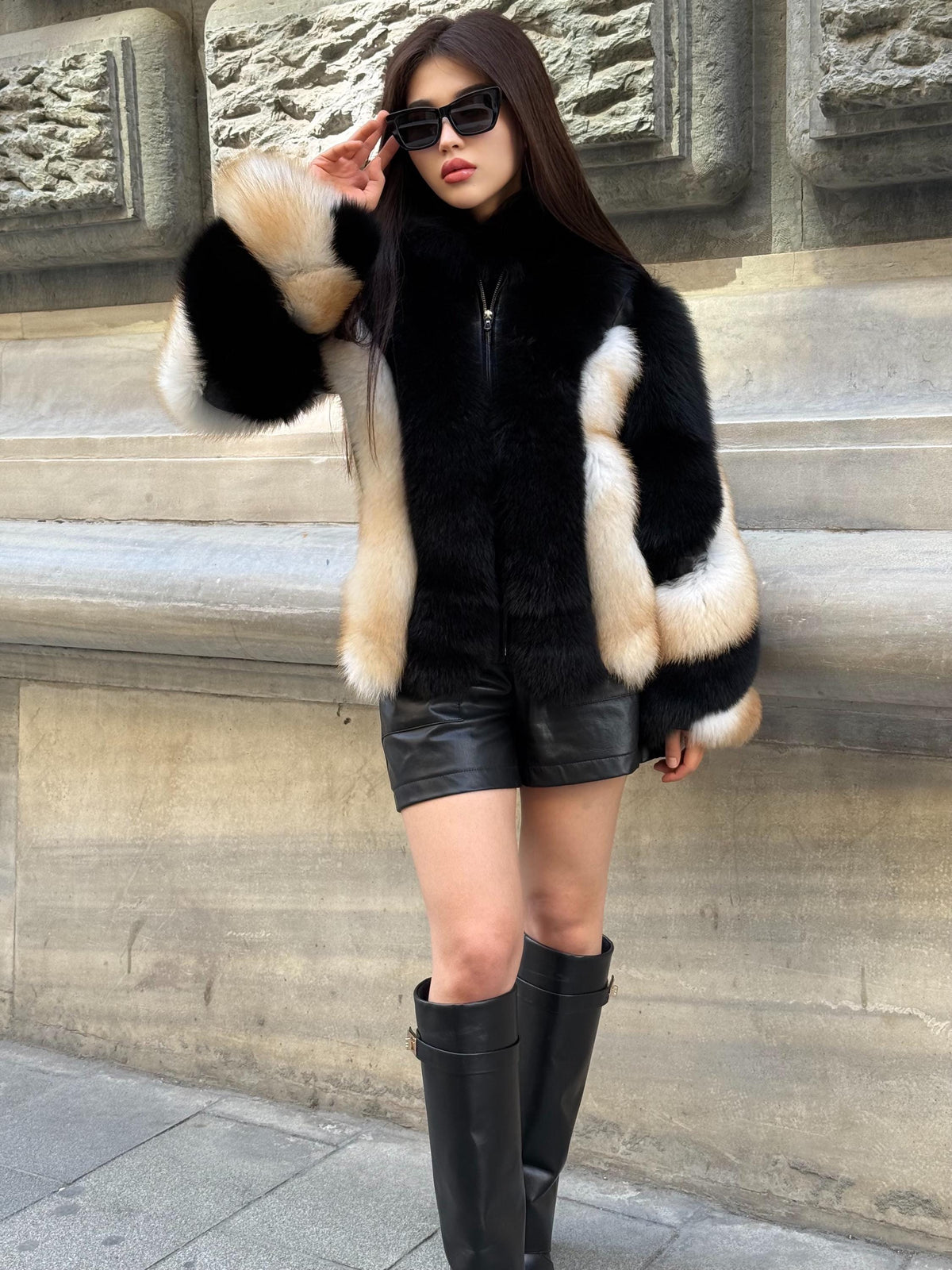 Black - Beige Fox Fur Jacket, Women’s Handmade Short Fur Coat