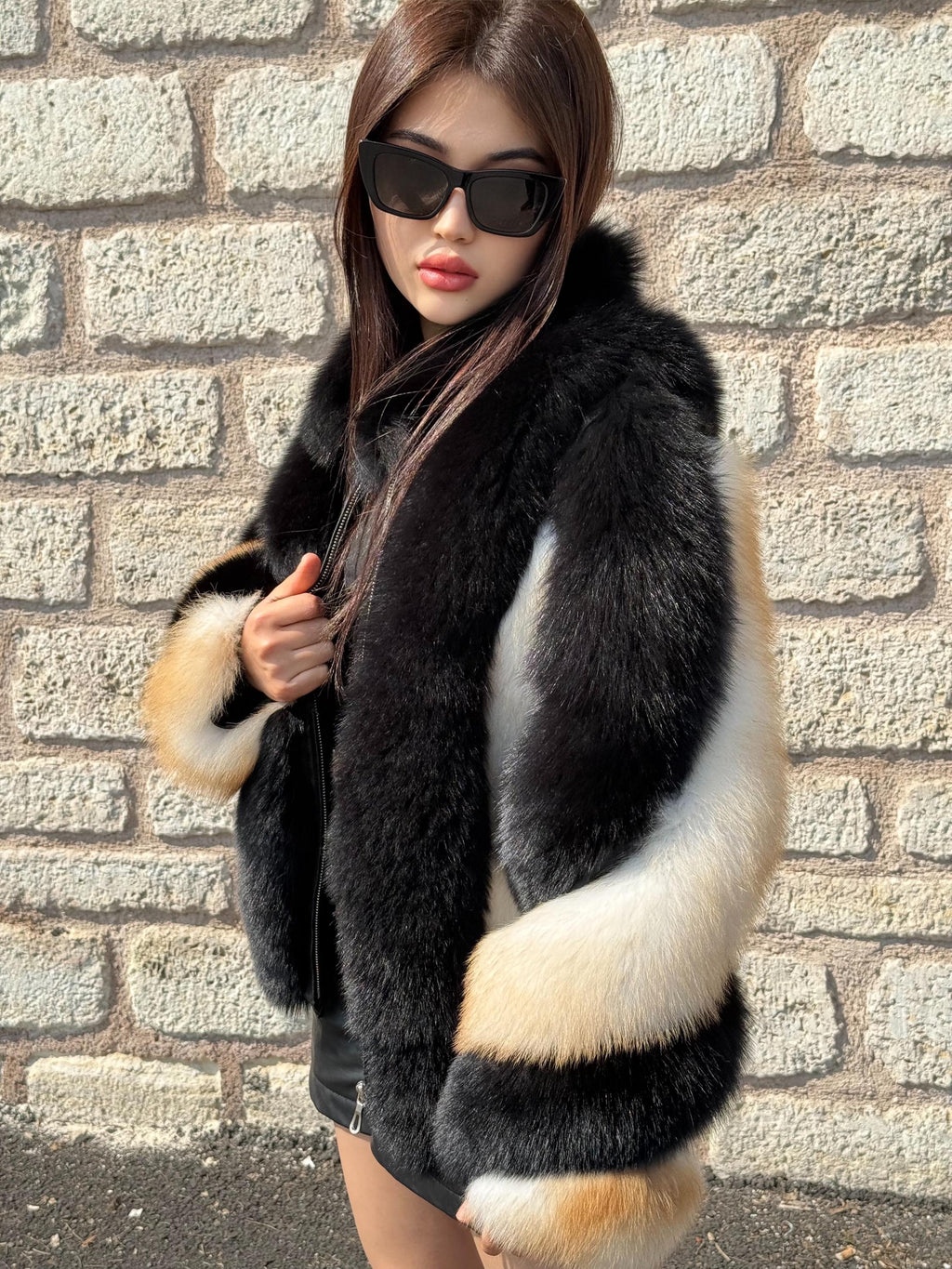 Black - Beige Fox Fur Jacket, Women’s Handmade Short Fur Coat