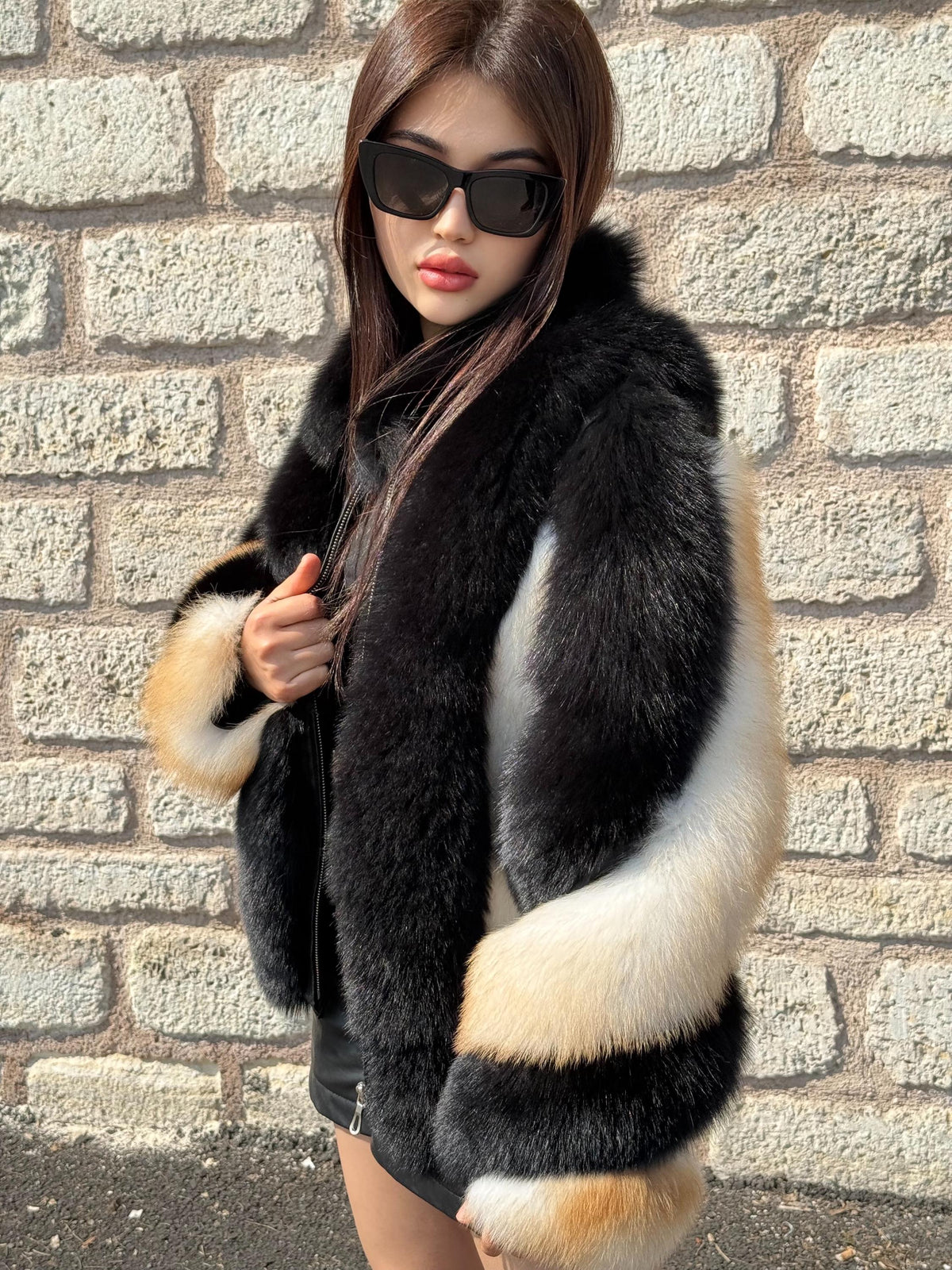 Black - Beige Fox Fur Jacket, Women’s Handmade Short Fur Coat
