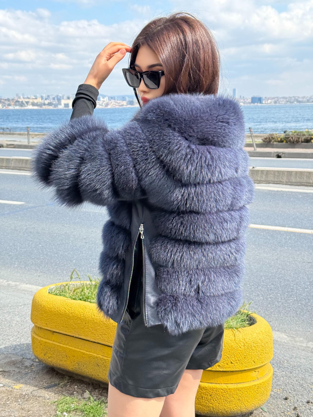 Women Handmade Fox Fur Jacket | Fox Fur Jacket With Removable Sleeves | Anthracite Gray Fox Fur Jacket |Gift For Her | Luxury Fox Fur Jacket