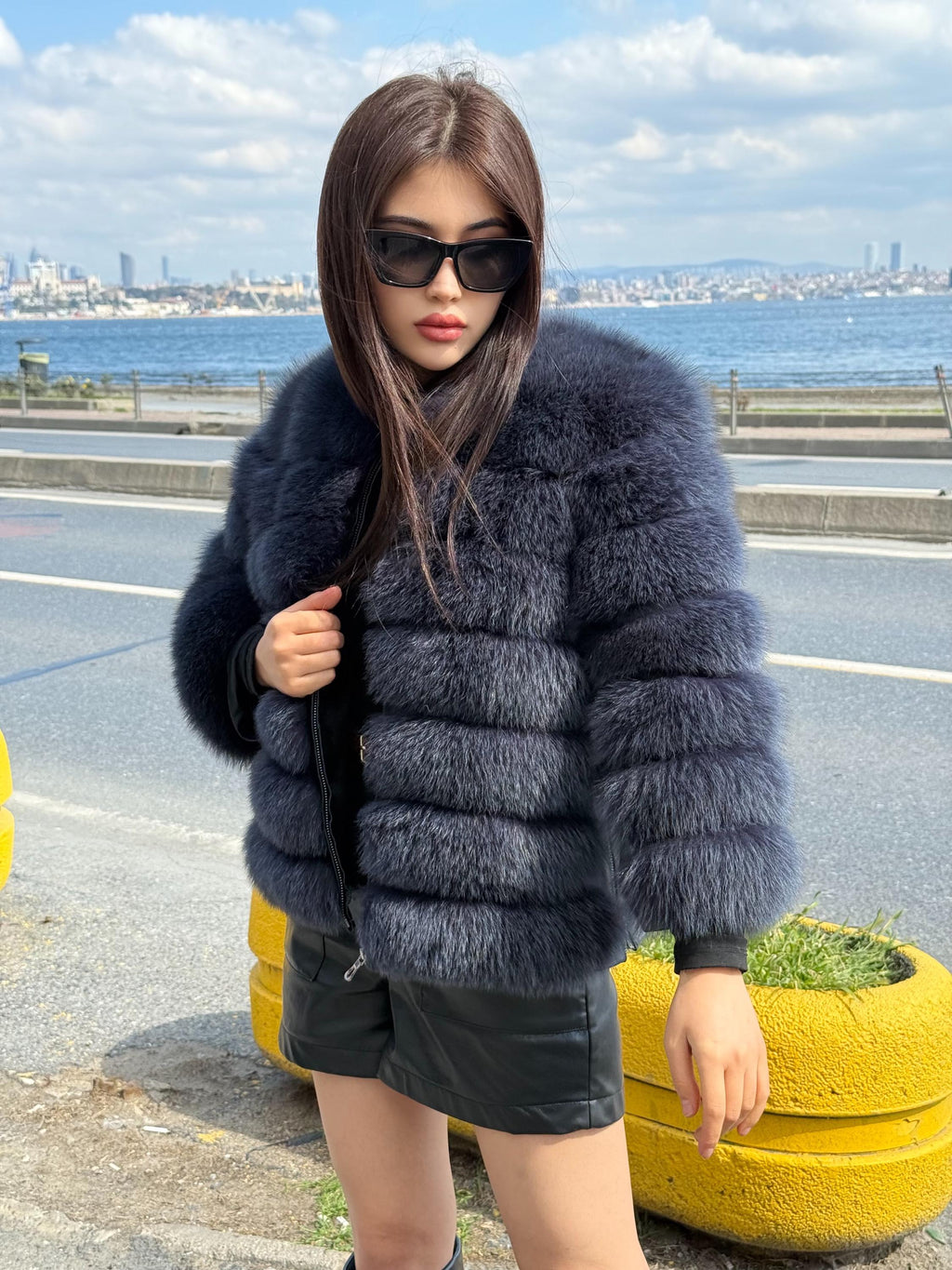 Women Handmade Fox Fur Jacket | Fox Fur Jacket With Removable Sleeves | Anthracite Gray Fox Fur Jacket |Gift For Her | Luxury Fox Fur Jacket