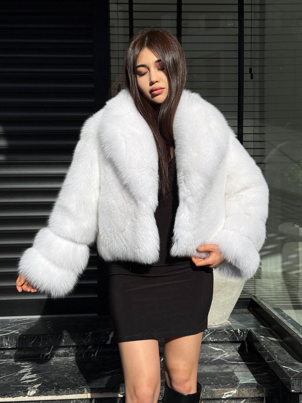 White Arctic Fox Fur Jacket, Women’s Luxury Short Shadow Fur Coat