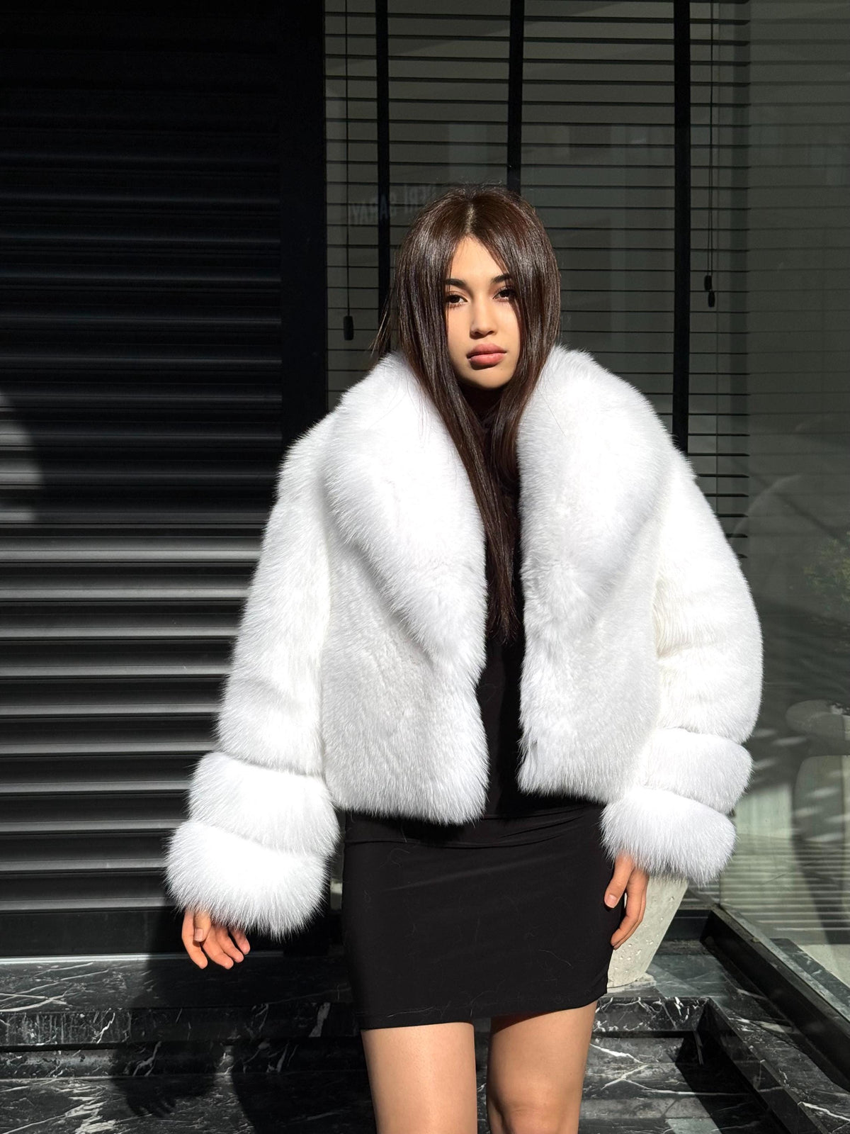 White Arctic Fox Fur Jacket, Women’s Luxury Short Shadow Fur Coat