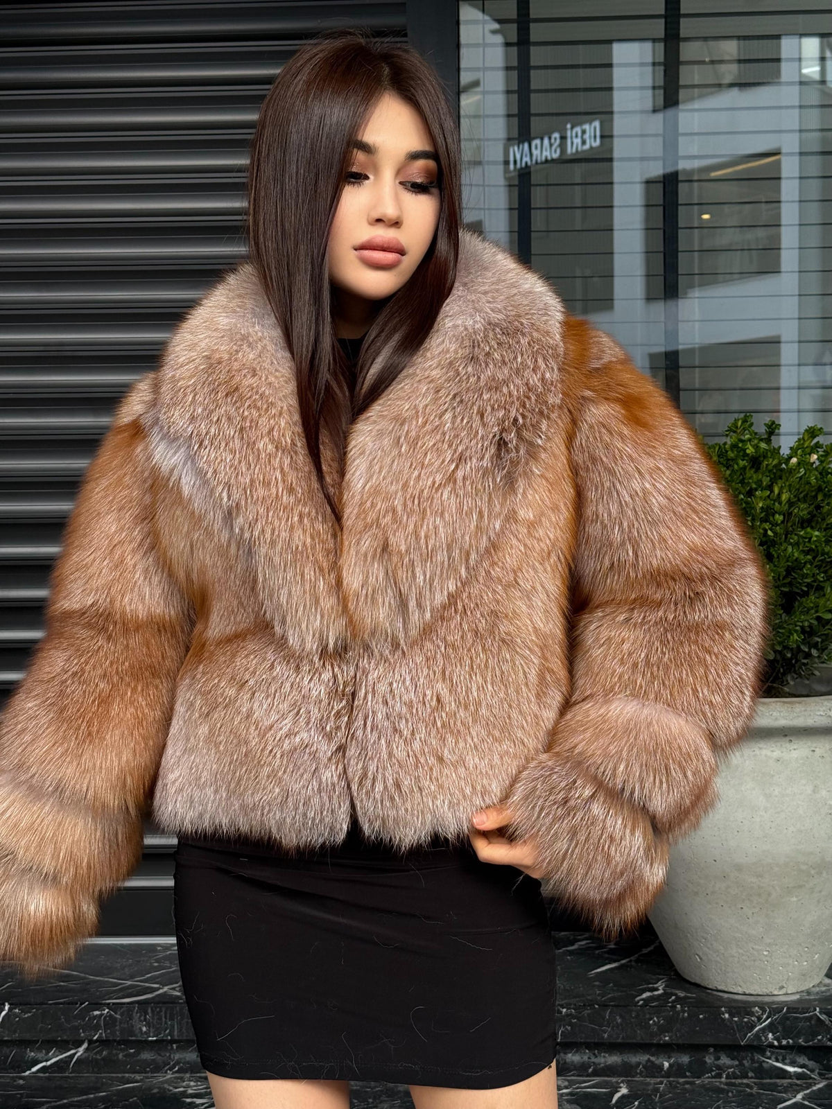 Women’s Red Beige Fox Fur Jacket, Luxury Short Full Skin Fox Fur Coat