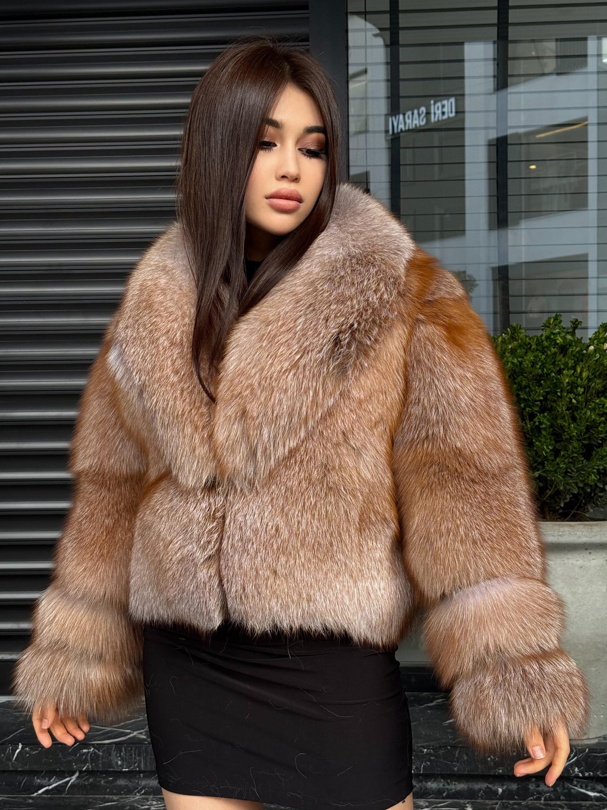 Women’s Red Beige Fox Fur Jacket, Luxury Short Full Skin Fox Fur Coat
