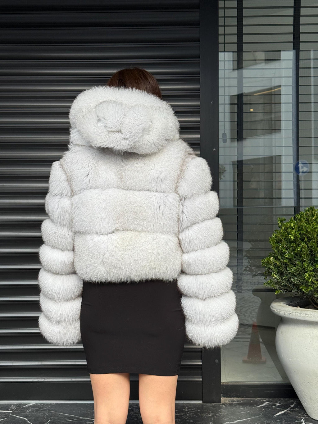 White Fox Fur Jacket, Women’s Cropped Fur Coat With Detachable Hood & Sleeves
