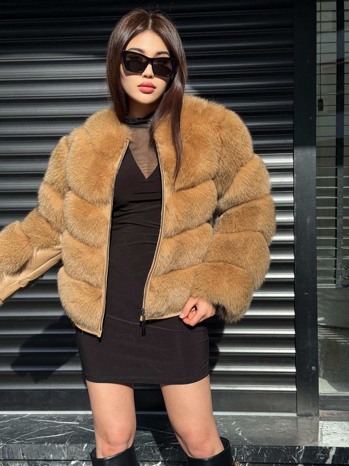 Women’s Camel Fox Fur Jacket, Luxury Handmade Detachable Sleeves Fur Coat