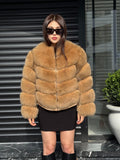 Women’s Camel Fox Fur Jacket, Luxury Handmade Detachable Sleeves Fur Coat