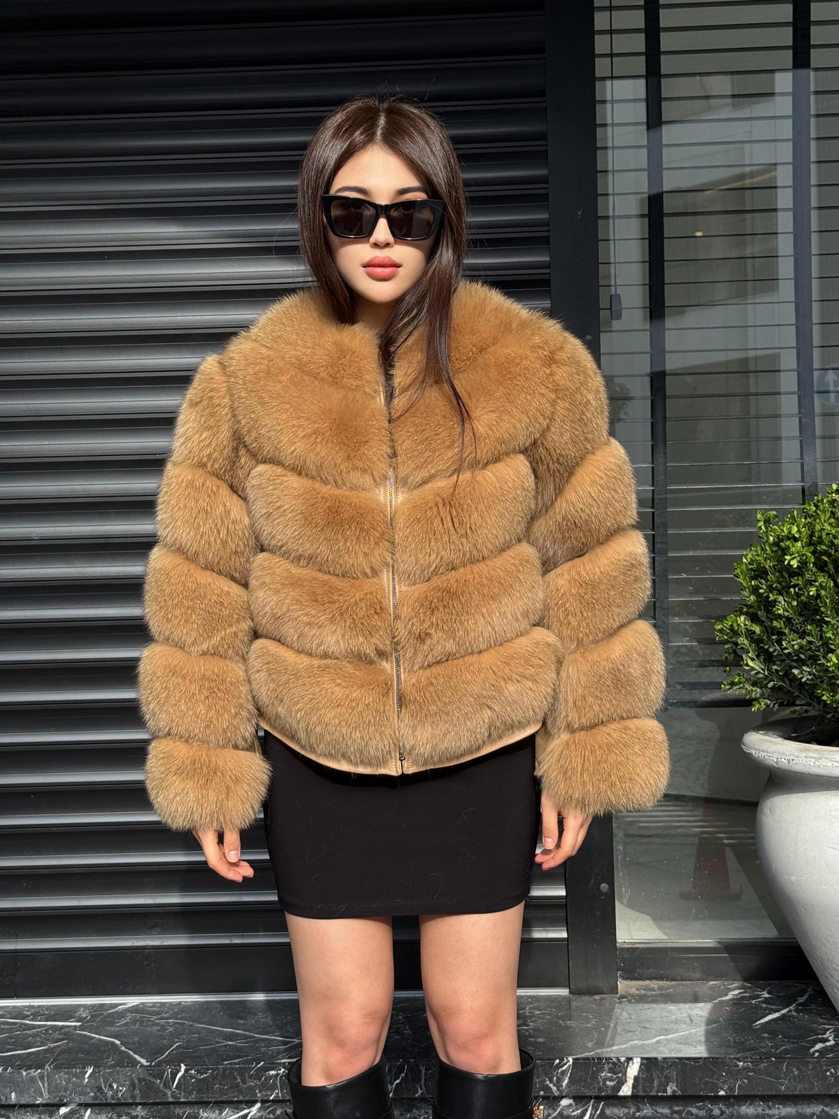 Women’s Camel Fox Fur Jacket, Luxury Handmade Detachable Sleeves Fur Coat
