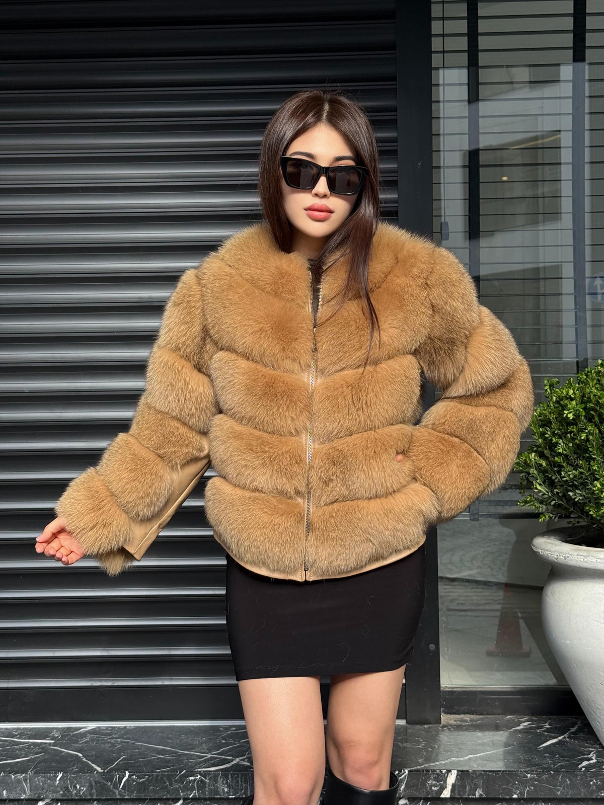 Women’s Camel Fox Fur Jacket, Luxury Handmade Detachable Sleeves Fur Coat