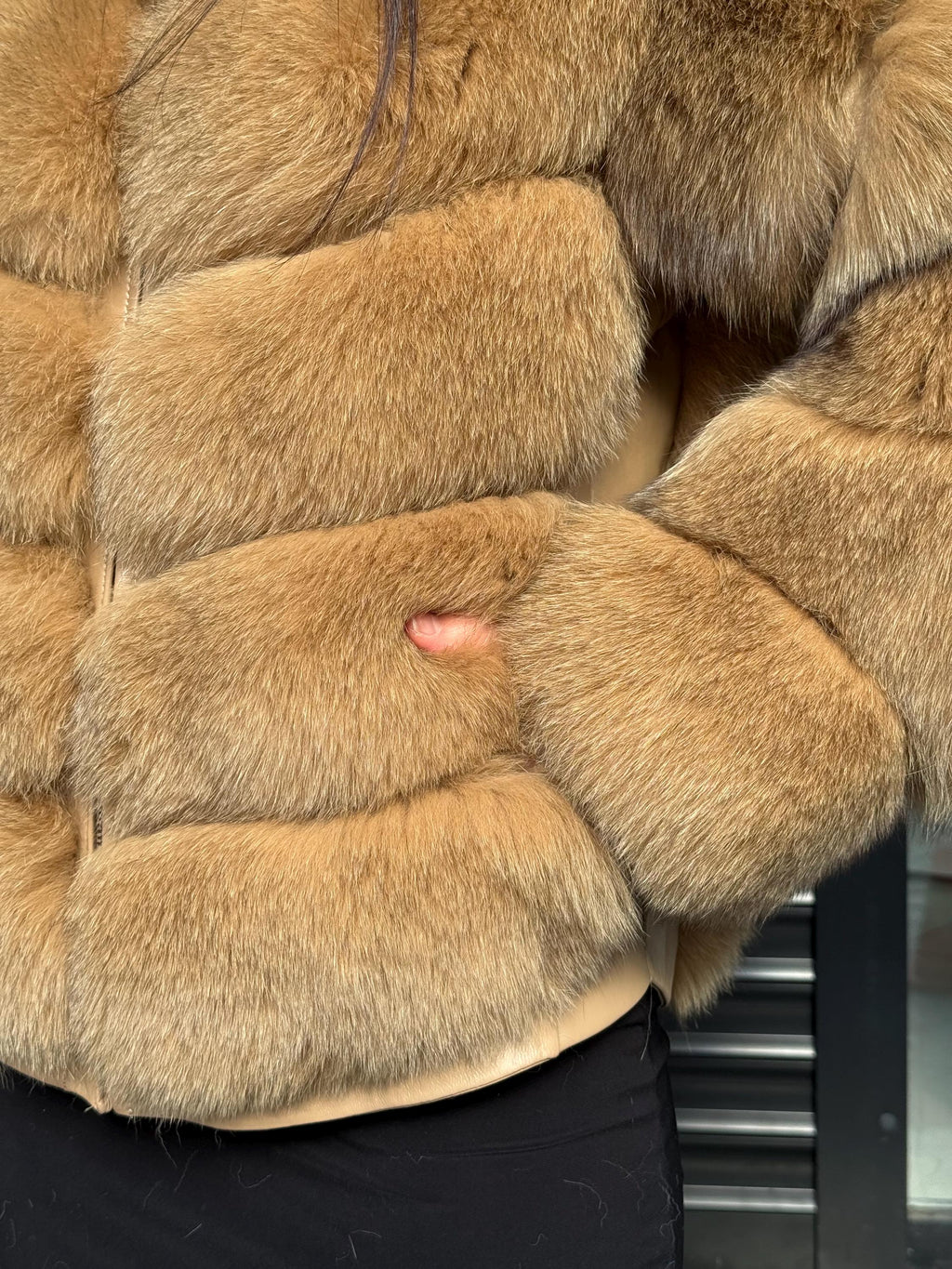 Women’s Camel Fox Fur Jacket, Luxury Handmade Detachable Sleeves Fur Coat