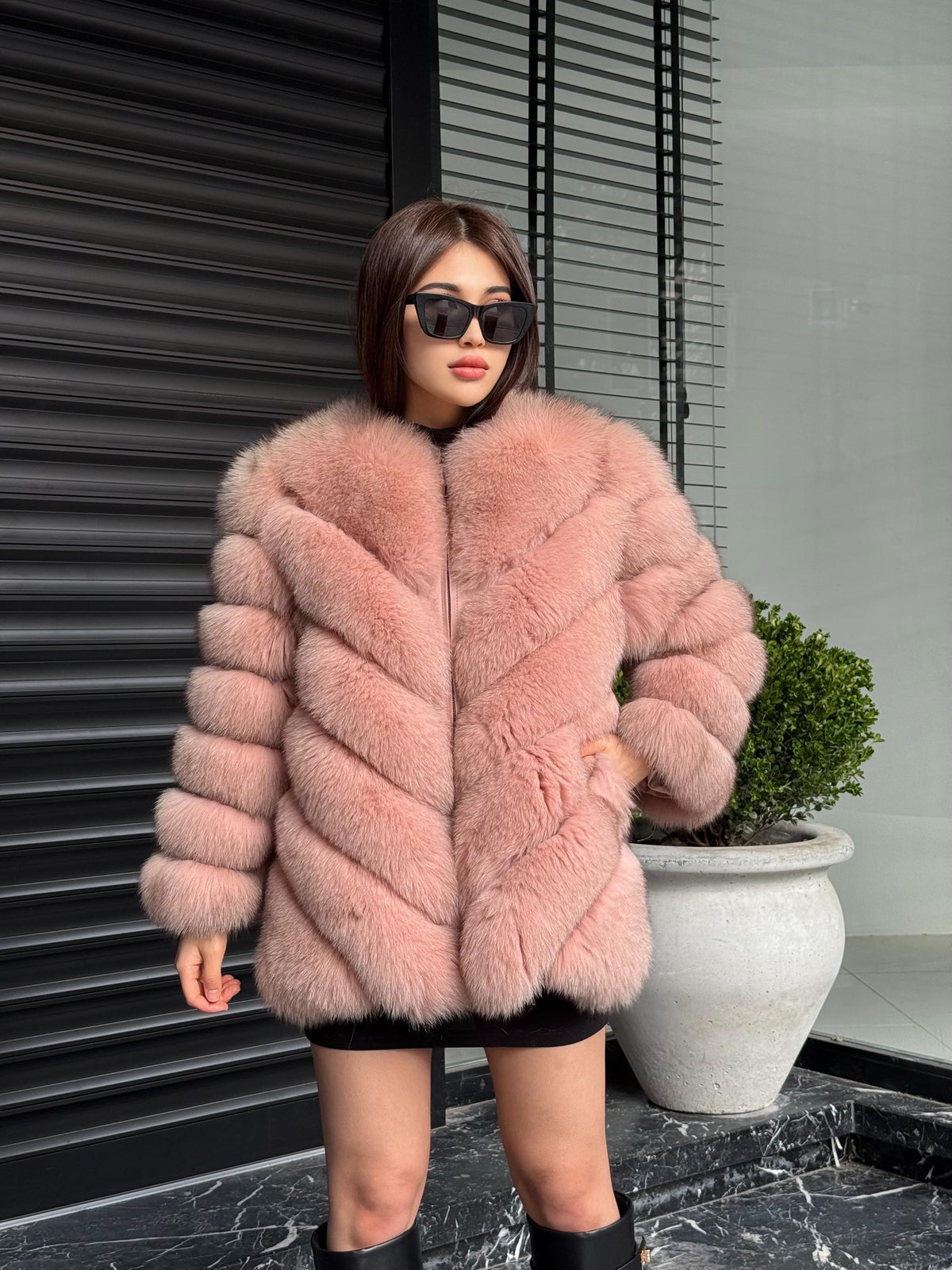 Pink Fox Fur Jacket Women | Handmade Luxury Fur Coat & Vest With Removable Sleeves