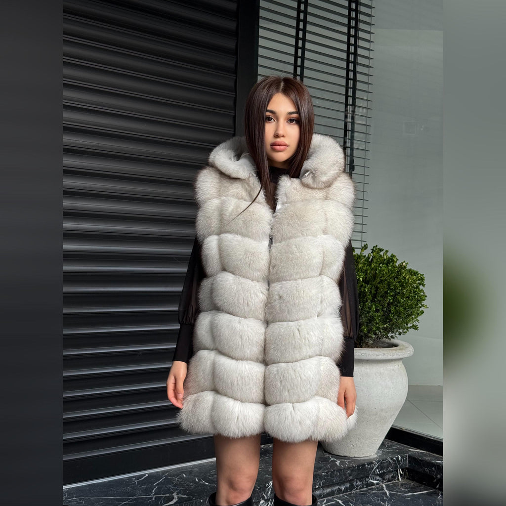 Luxury White Fox Fur Vest | Genuine Real Fox Fur | Long Handmade Fox Fur Vest For Women | Winter Sleeveless Fur Jacket | Plus Size Fur Vest