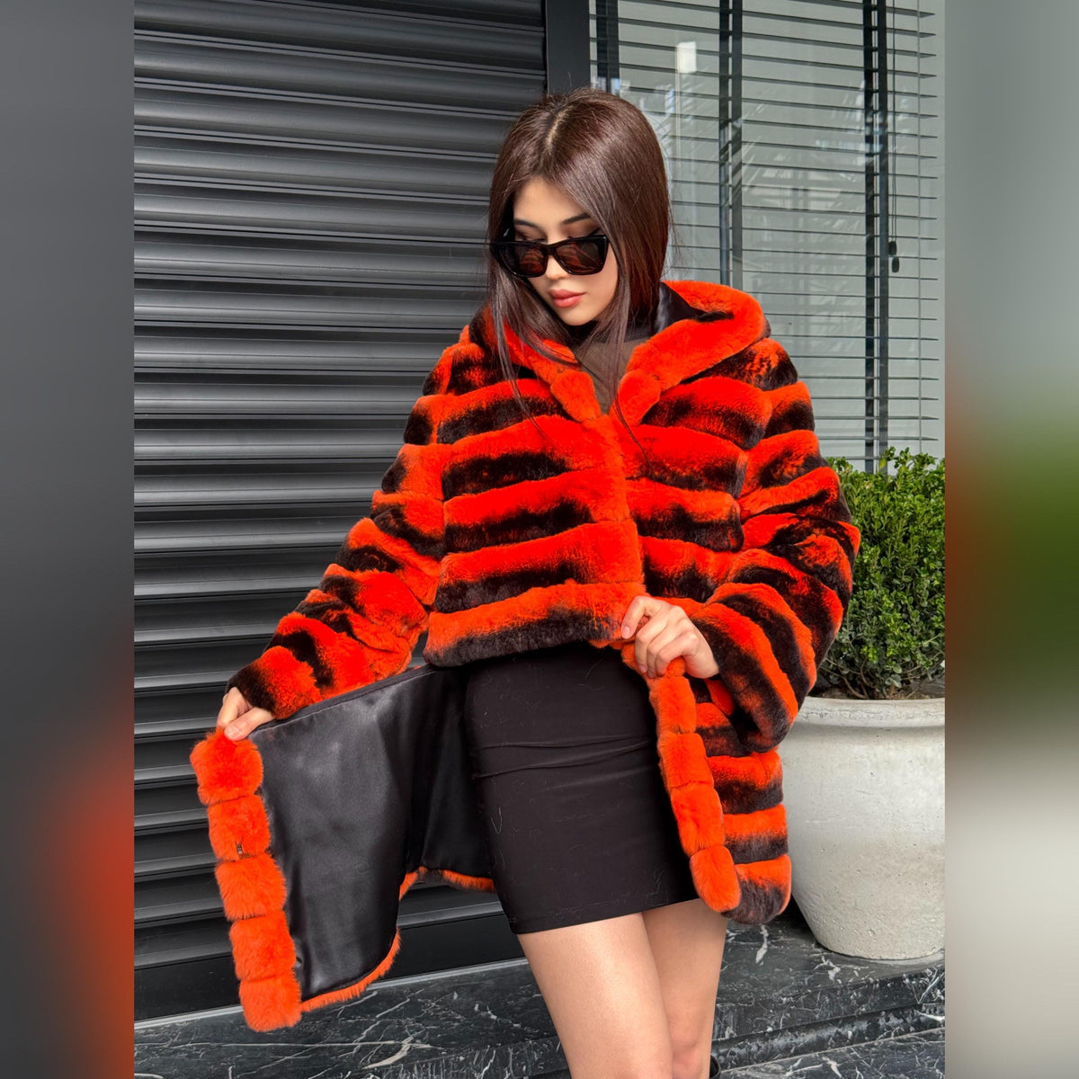 Orange Rex Rabbit Fur Jacket – Women’s Hooded Teansformer Chinchilla-Pattern Coat