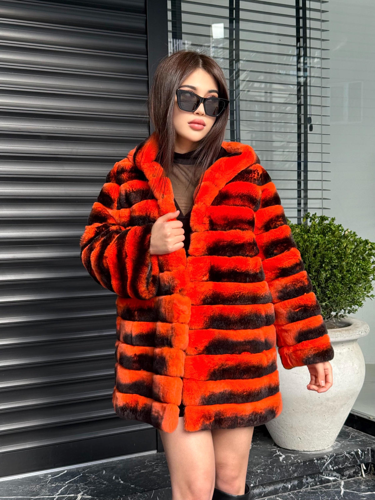 Orange Rex Rabbit Fur Jacket – Women’s Hooded Teansformer Chinchilla-Pattern Coat
