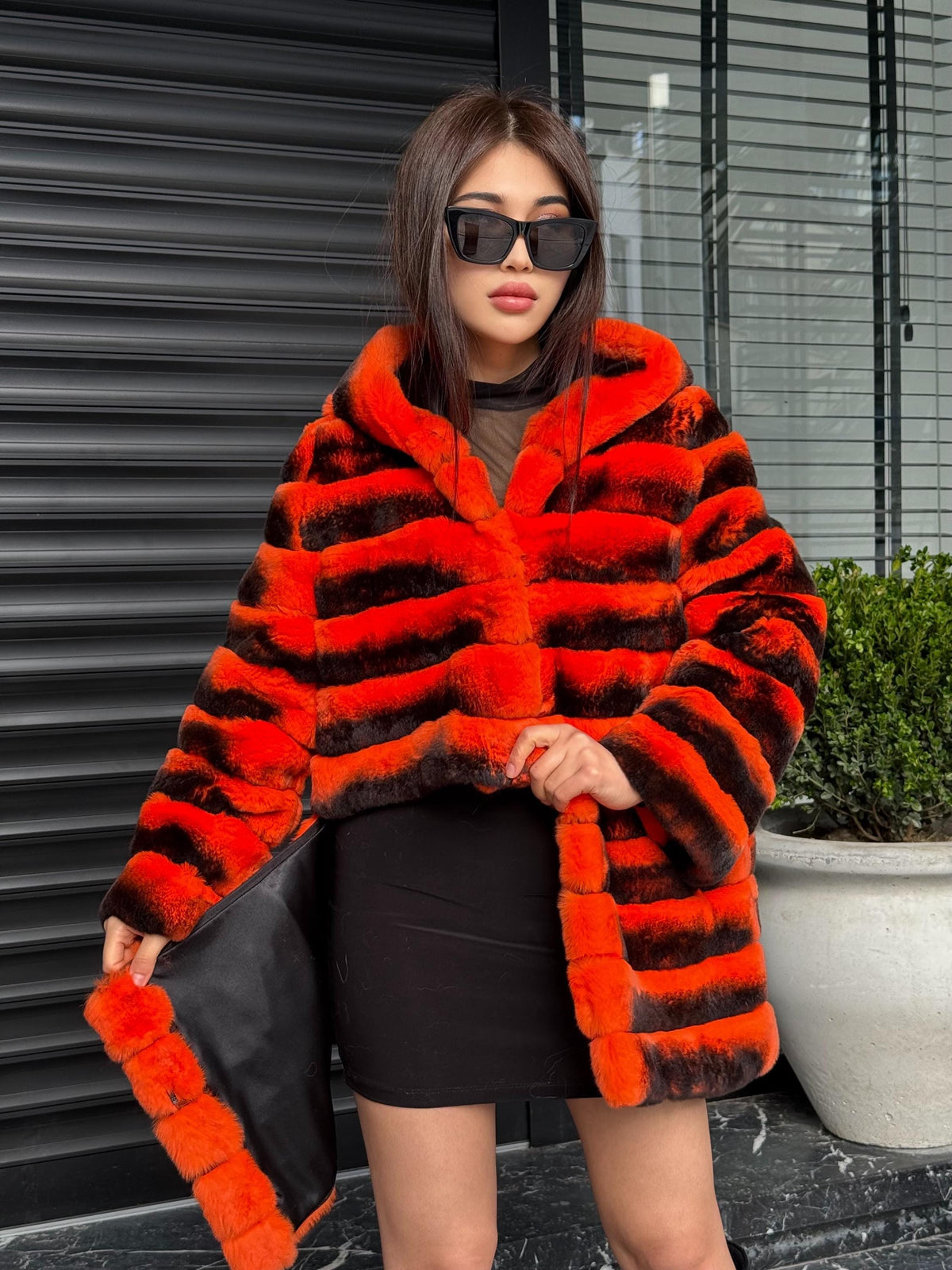 Orange Rex Rabbit Fur Jacket – Women’s Hooded Teansformer Chinchilla-Pattern Coat