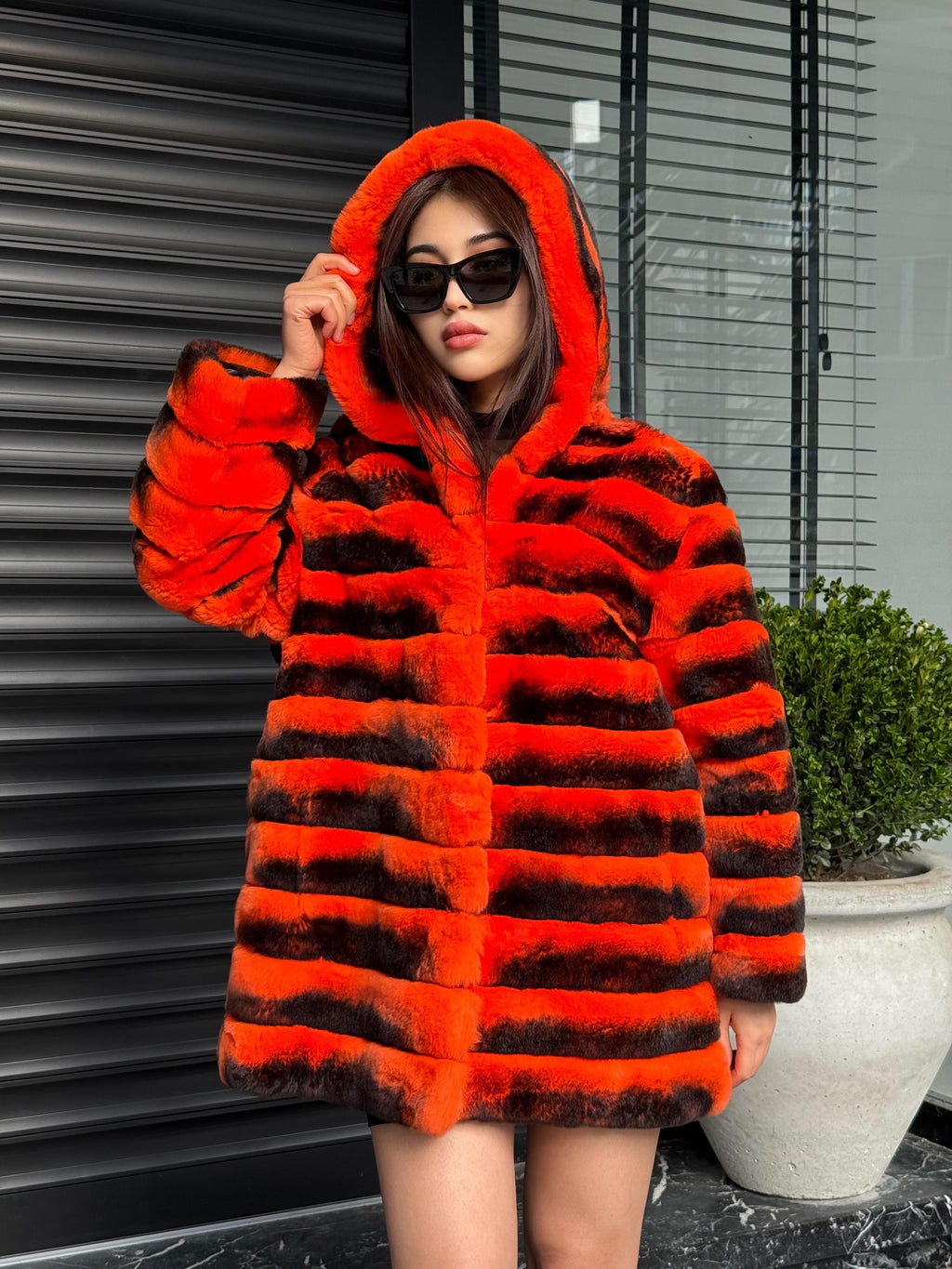 Orange Rex Rabbit Fur Jacket – Women’s Hooded Teansformer Chinchilla-Pattern Coat