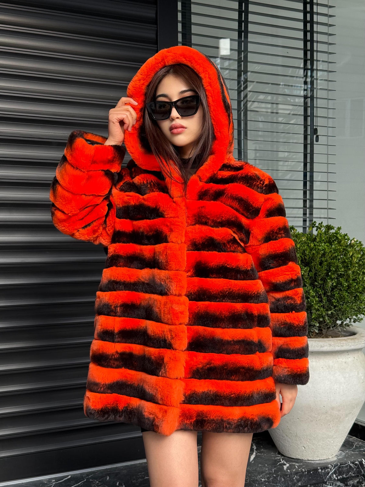 Orange Rex Rabbit Fur Jacket – Women’s Hooded Teansformer Chinchilla-Pattern Coat
