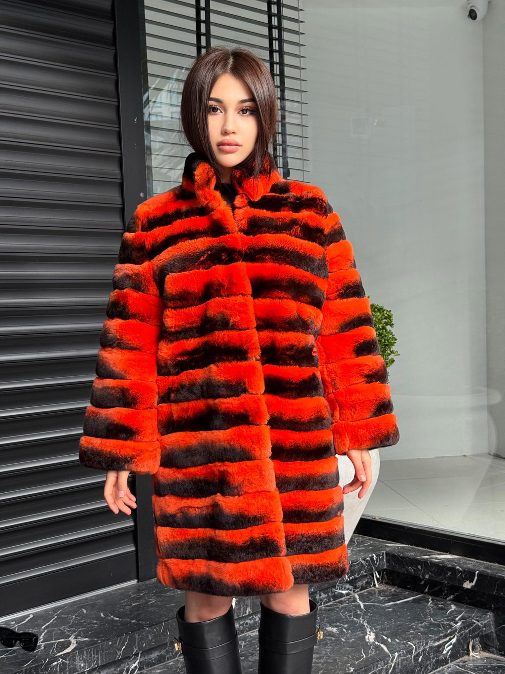 Orange Rex Rabbit Fur Jacket – Women’s Teansformer Chinchilla-Pattern Coat