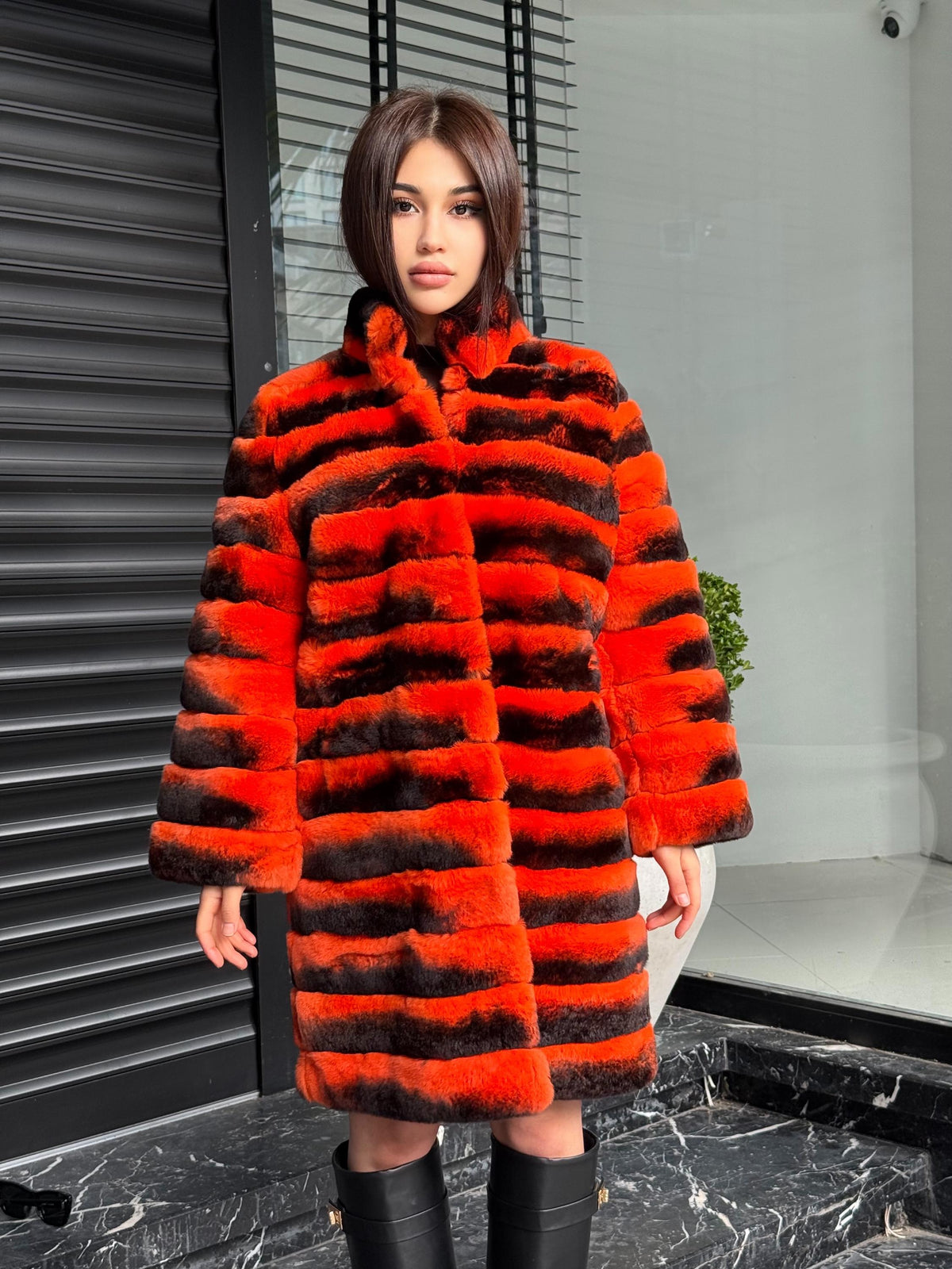 Orange Rex Rabbit Fur Jacket – Women’s Teansformer Chinchilla-Pattern Coat
