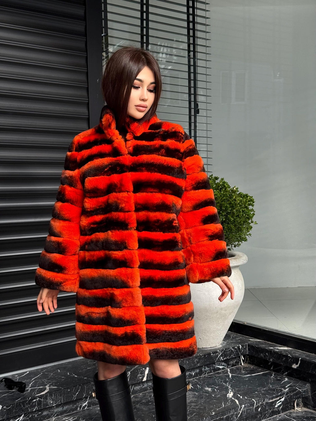 Orange Rex Rabbit Fur Jacket – Women’s Teansformer Chinchilla-Pattern Coat