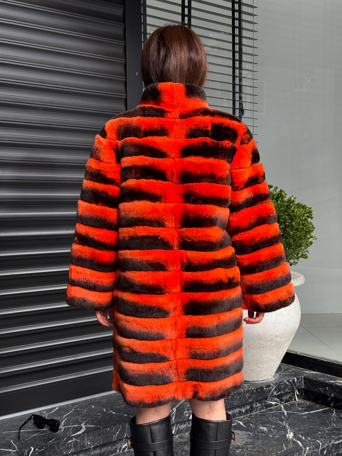 Orange Rex Rabbit Fur Jacket – Women’s Teansformer Chinchilla-Pattern Coat