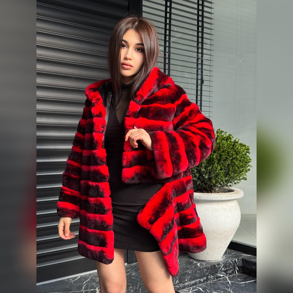 Orange Rex Rabbit Fur Jacket – Women’s Hooded Teansformer Chinchilla-Pattern Coat