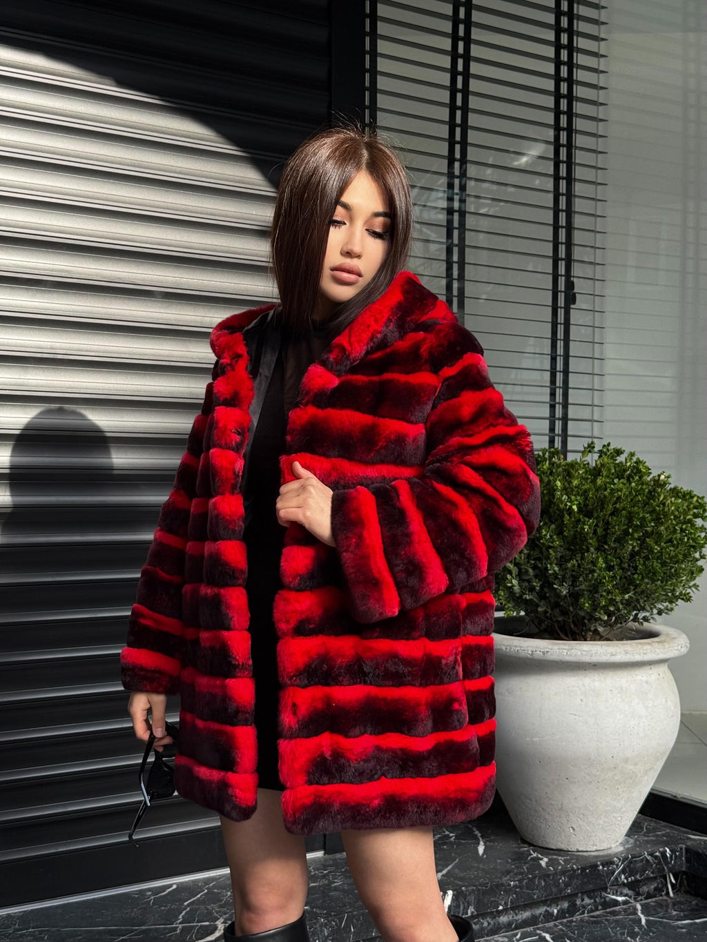 Orange Rex Rabbit Fur Jacket – Women’s Hooded Teansformer Chinchilla-Pattern Coat