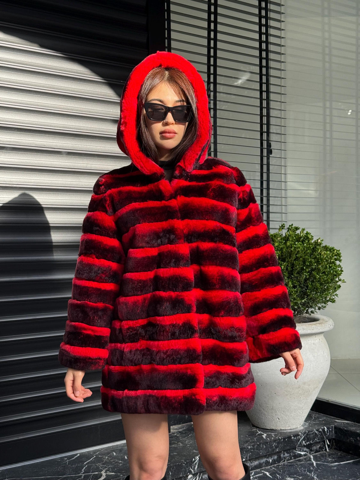 Orange Rex Rabbit Fur Jacket – Women’s Hooded Teansformer Chinchilla-Pattern Coat