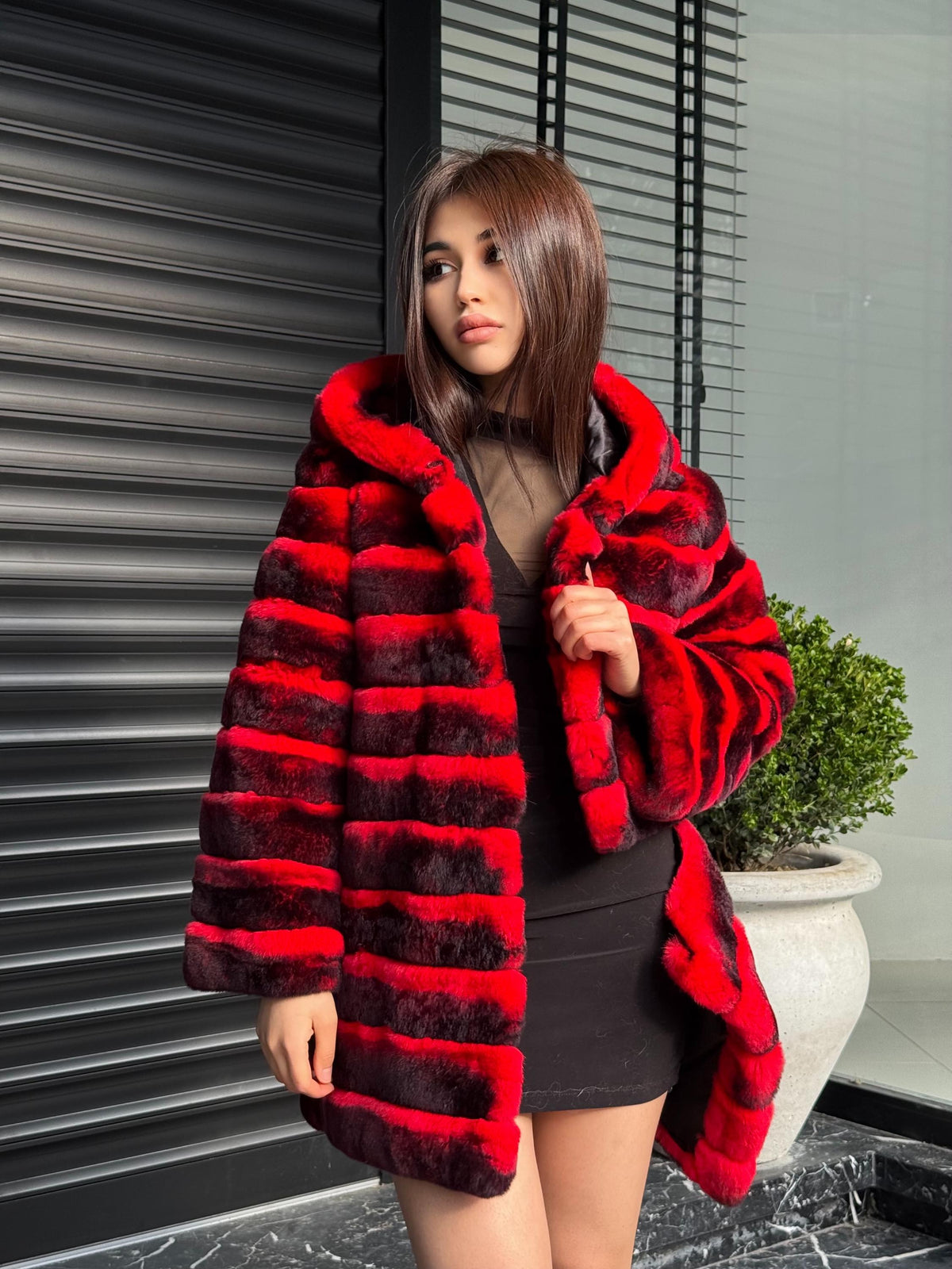 Orange Rex Rabbit Fur Jacket – Women’s Hooded Teansformer Chinchilla-Pattern Coat