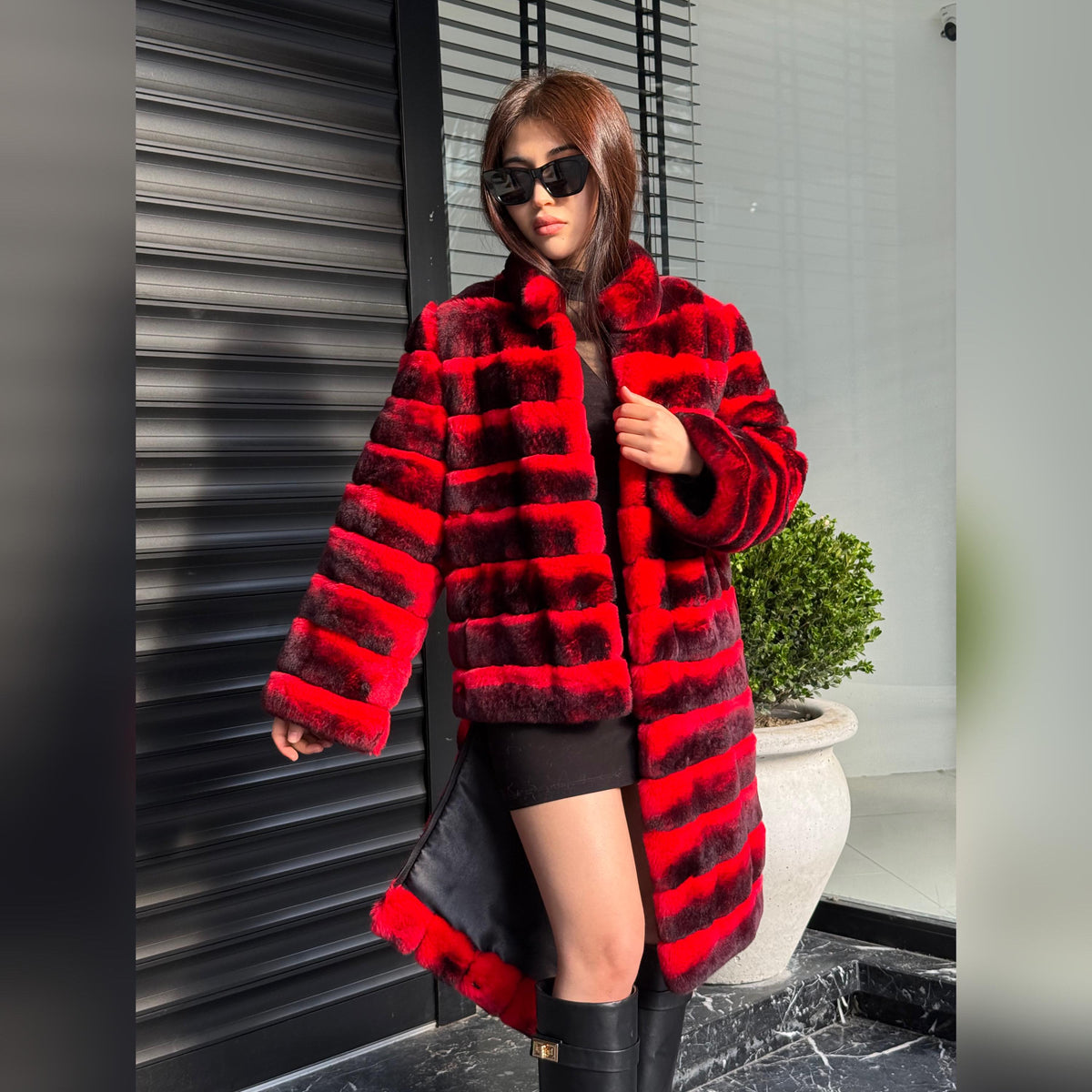 Red Luxury Handmade Women Chinchilla Pattern Rex Fur Long Coat | Soft Luxury Transformer Real Rex Fur Jacket Winter Outwear | Gift For Her