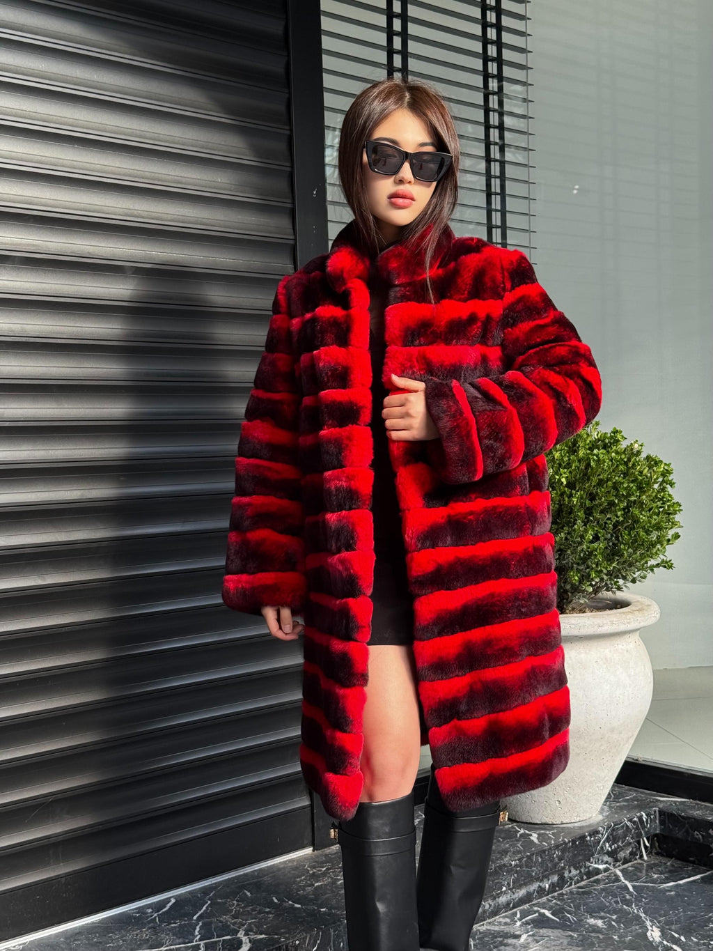 Red Luxury Handmade Women Chinchilla Pattern Rex Fur Long Coat | Soft Luxury Transformer Real Rex Fur Jacket Winter Outwear | Gift For Her
