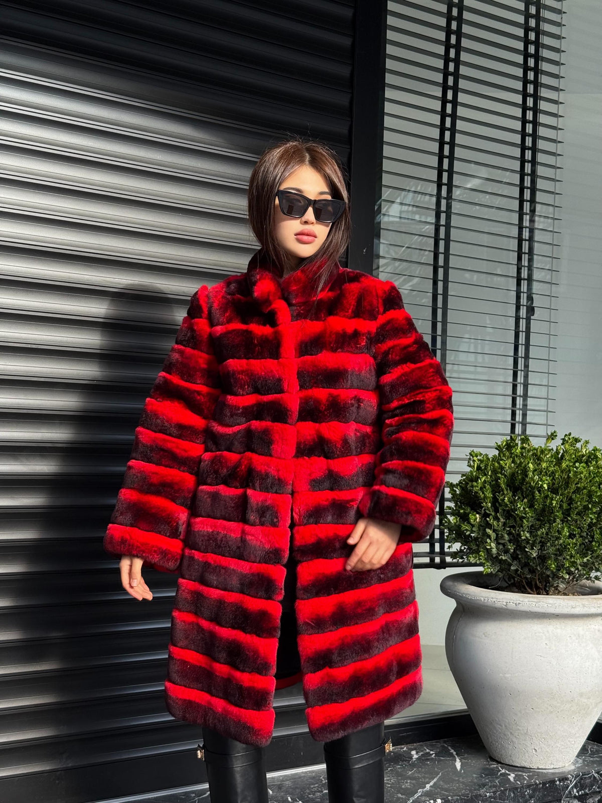 Red Luxury Handmade Women Chinchilla Pattern Rex Fur Long Coat | Soft Luxury Transformer Real Rex Fur Jacket Winter Outwear | Gift For Her
